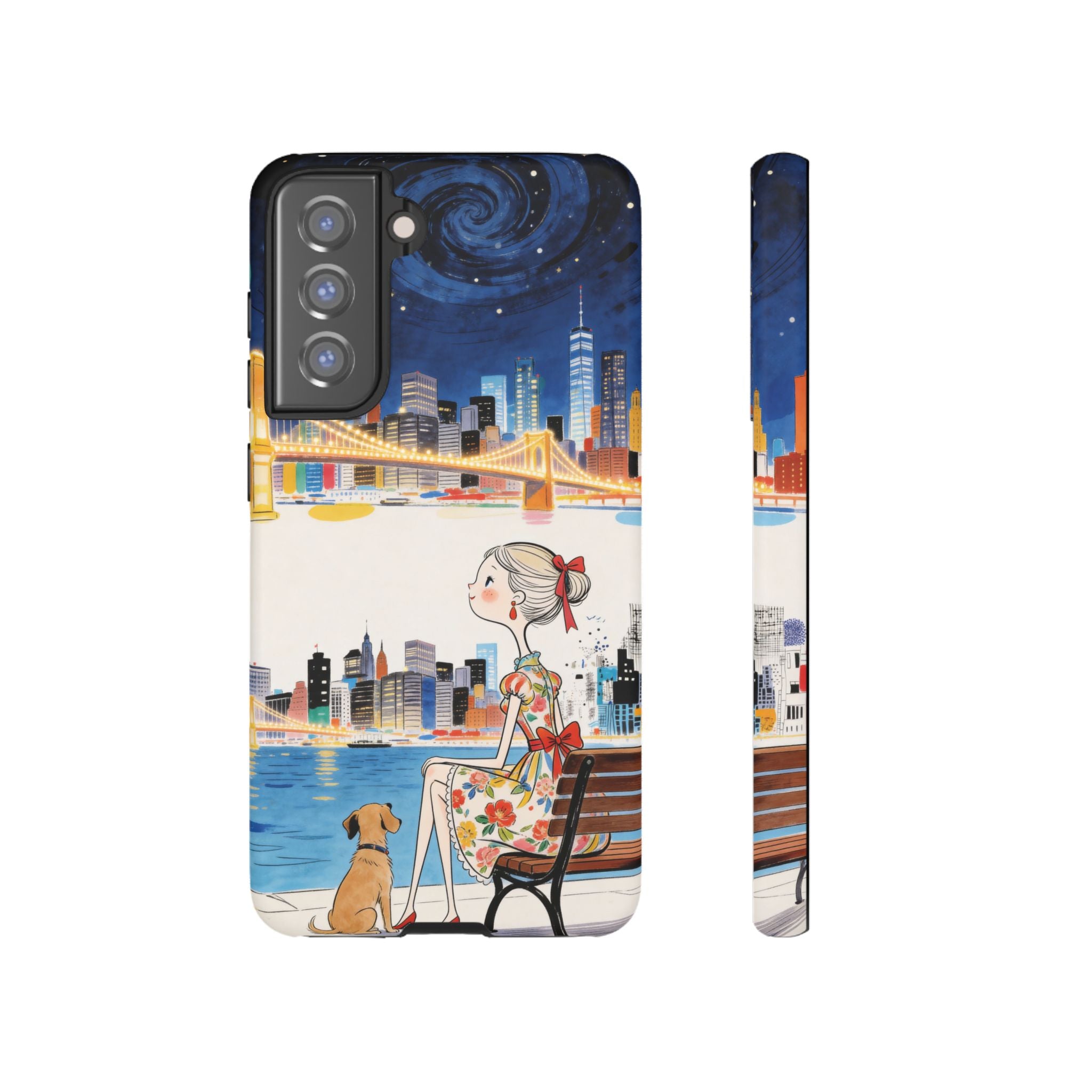 City Night Samsung Galaxy Phone Case | Cute Girl & Dog Bench Illustration