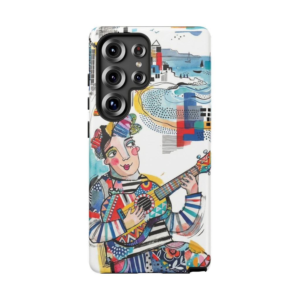 Custodia per Samsung Galaxy per Musicisti Artistici | Custodia Resistente con Chitarra Colorata e Paesaggio Urbano