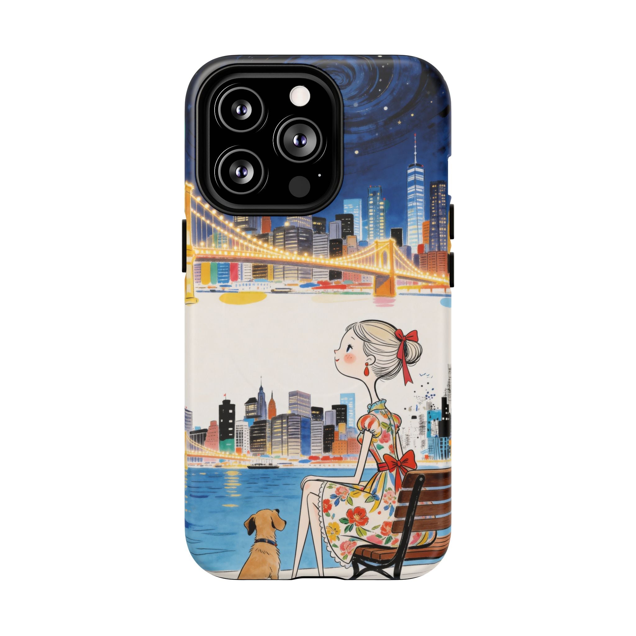 City Night MagSafe iPhone Case | Cute Girl & Dog Bench Illustration