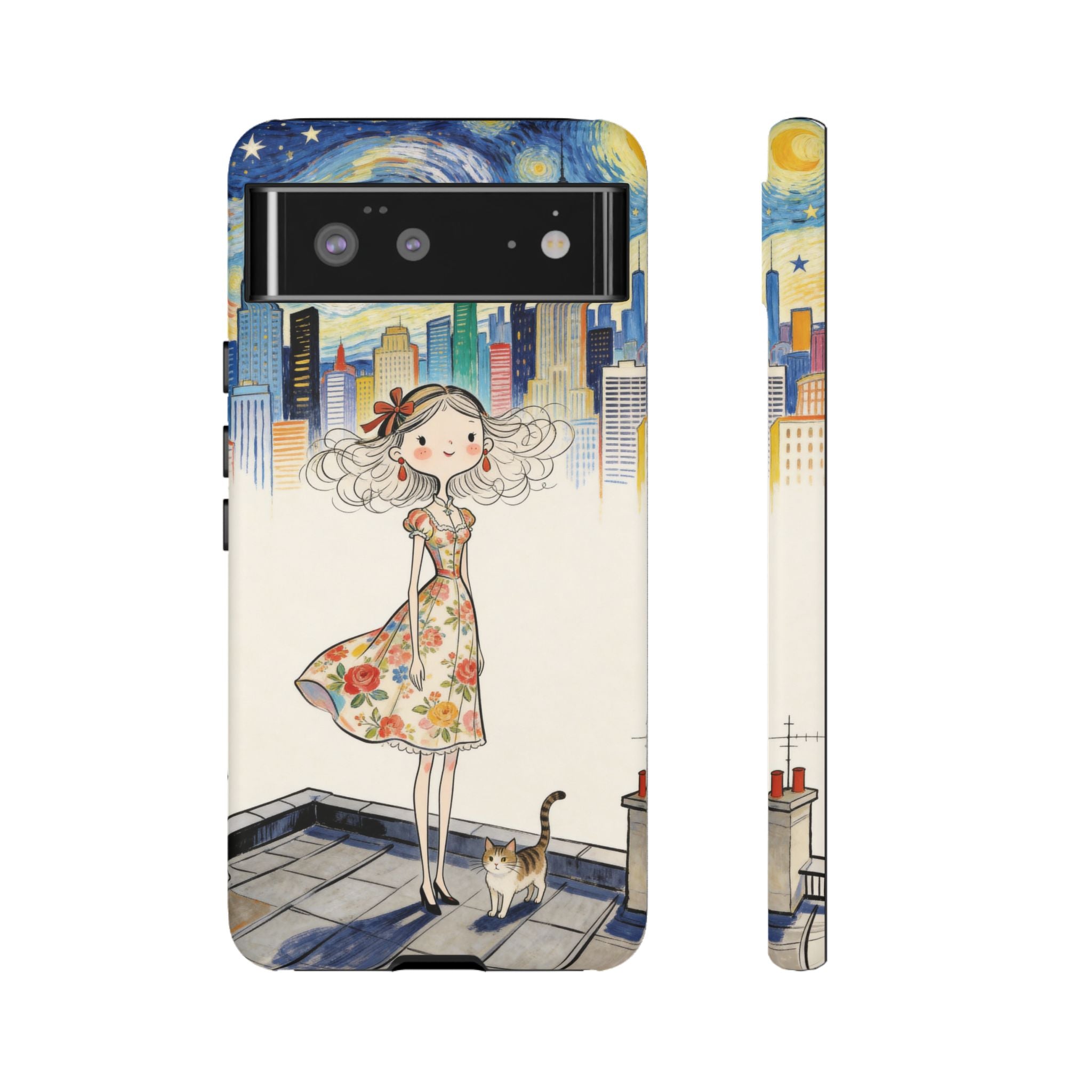 Artistic Girl Cityscape Google Pixel Phone Case | Cute Floral Dress Rooftop Design