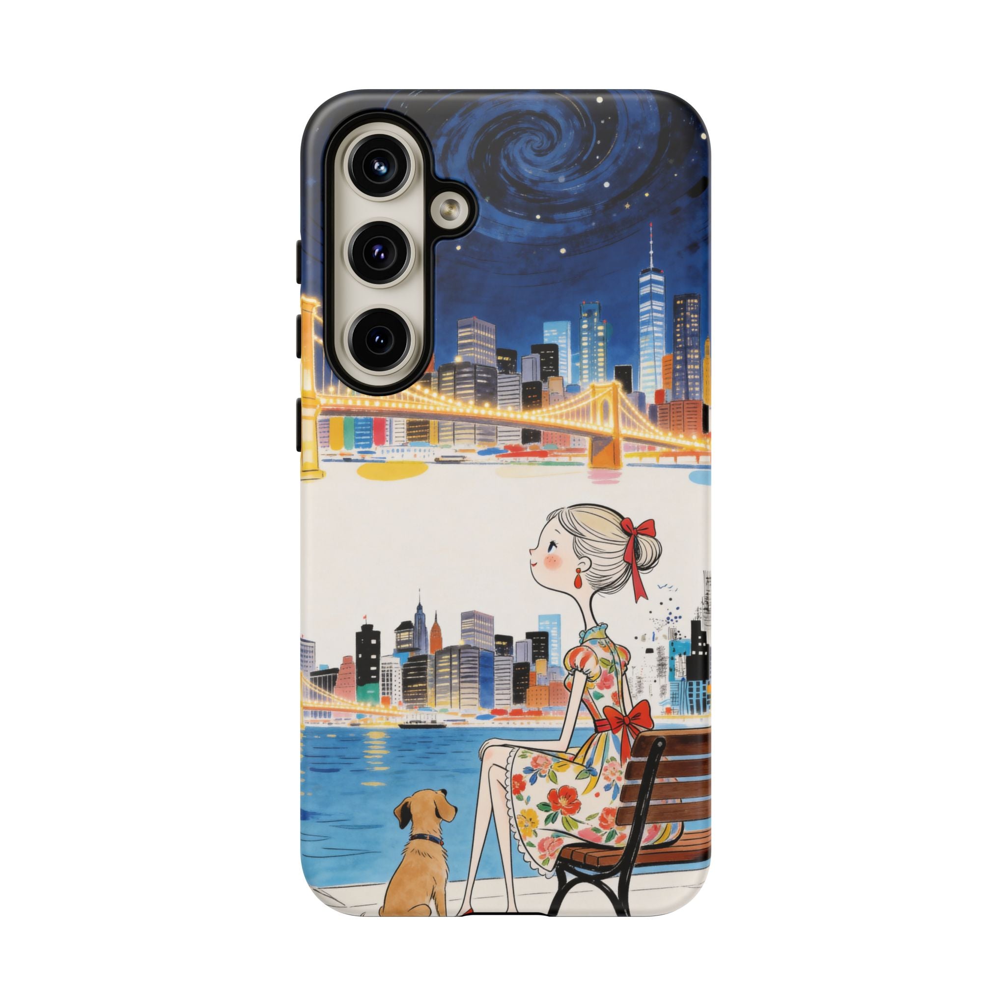 City Night Samsung Galaxy Phone Case | Cute Girl & Dog Bench Illustration
