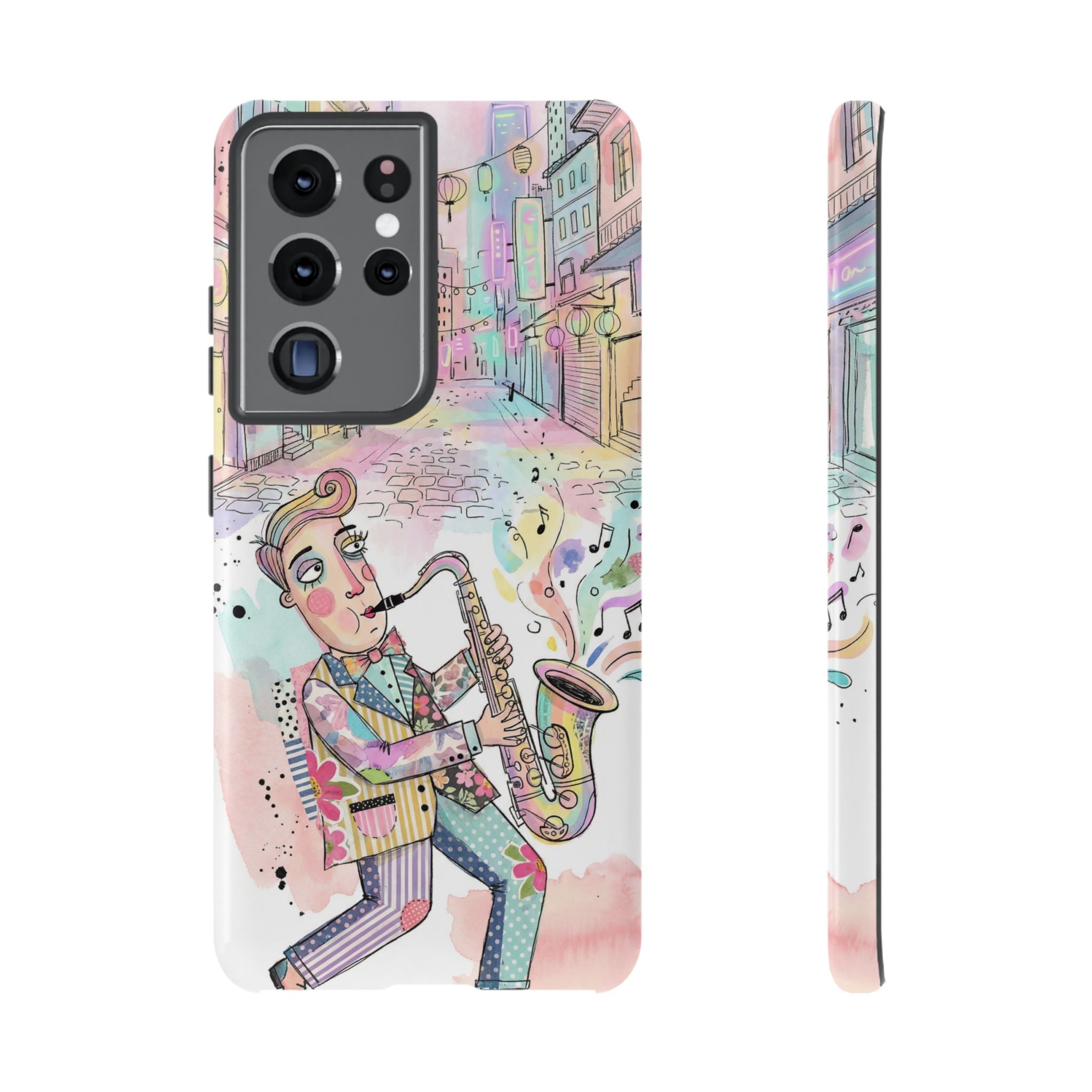 Sax Player Art Samsung Galaxy Phone Case | Pastel Jazz Street Illustration