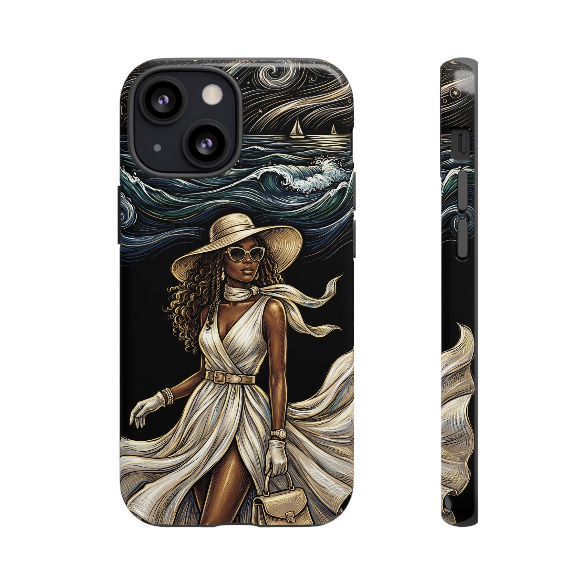 iPhone Case | Elegant Black Woman in Flowing Dress by the Sea