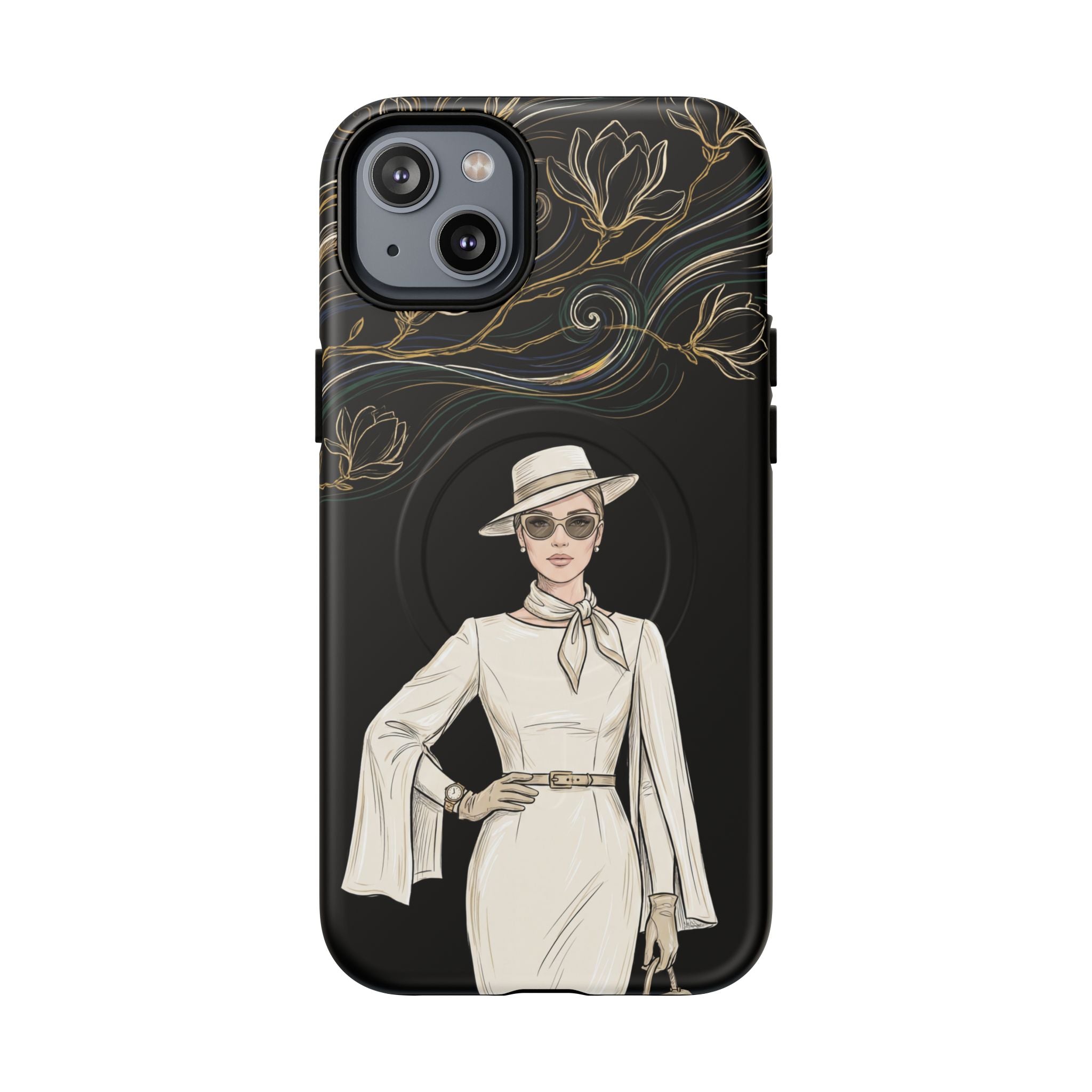 MagSafe iPhone Case | Elegant Vintage Lady with Gold Floral Swirls