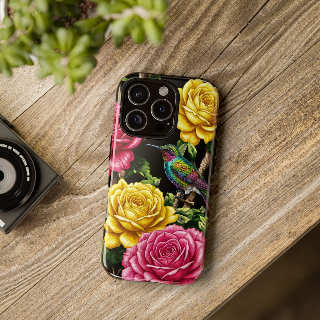 Cover iPhone Robusta Colibrì Floreale | Protezione Vibrante da Giardino Rosa e Giallo