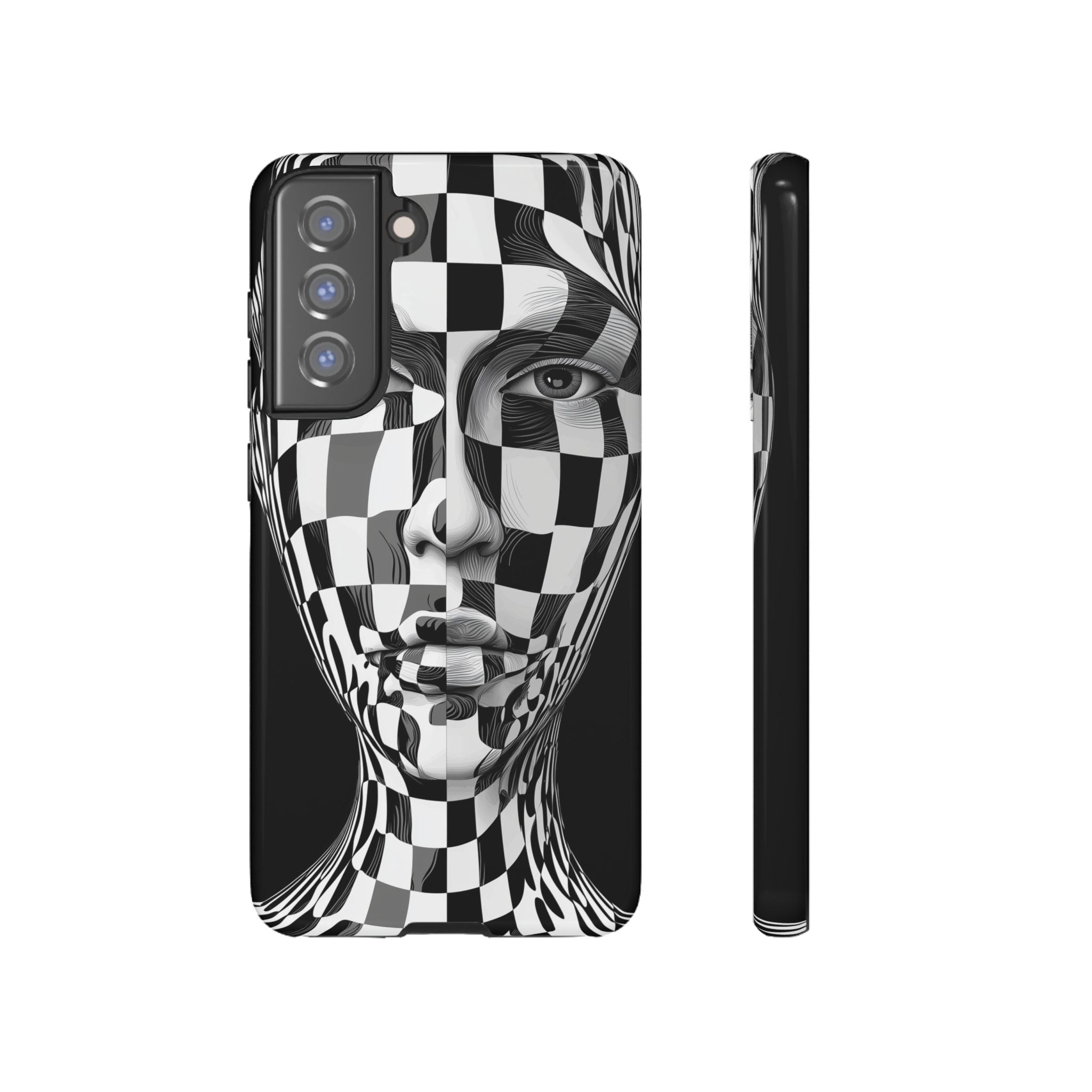 Checkerboard Face Tough Samsung Galaxy Case — Black & White Surreal Art Protective Cover