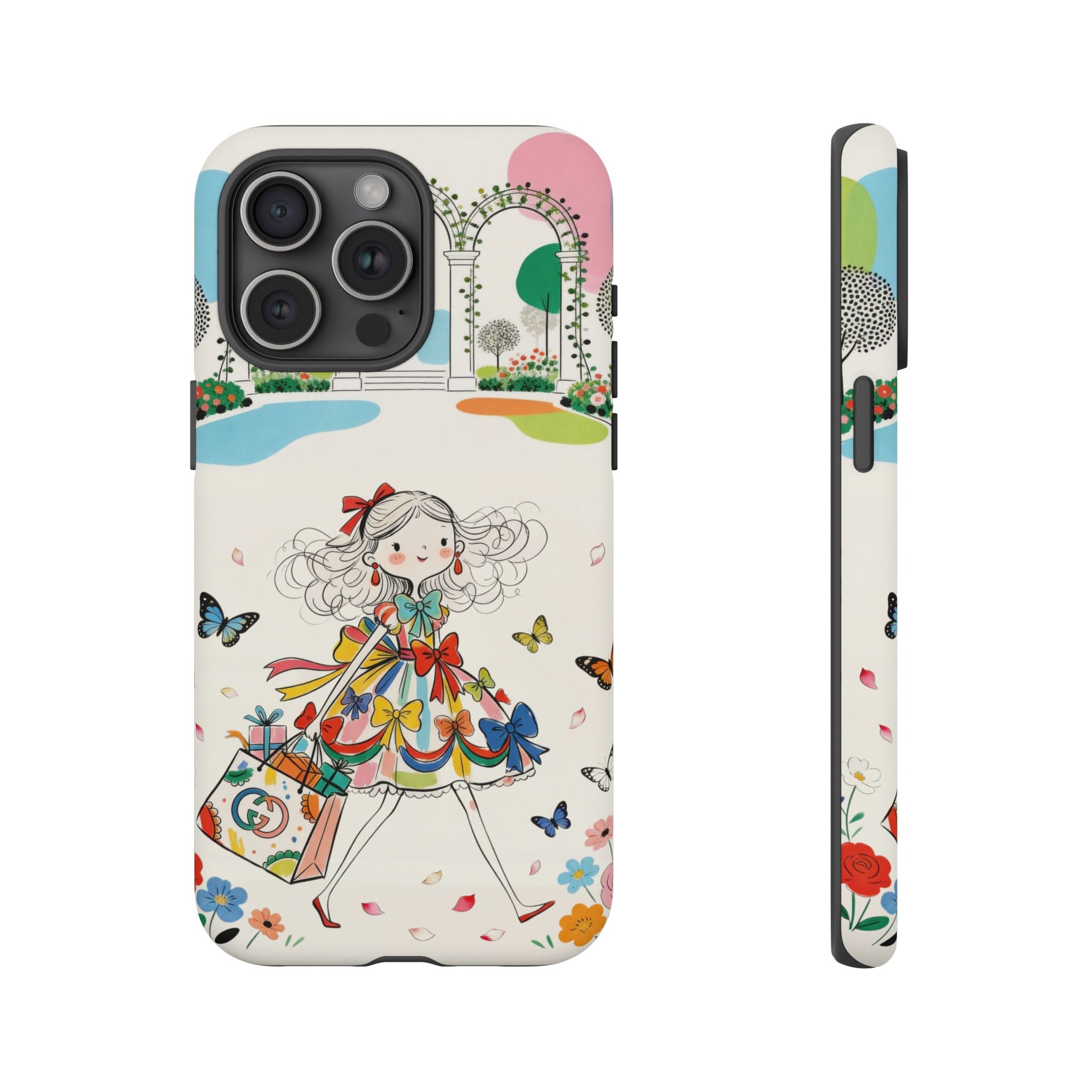 Whimsical Shopping Girl iPhone Case | Cute Floral Butterfly Tough Case