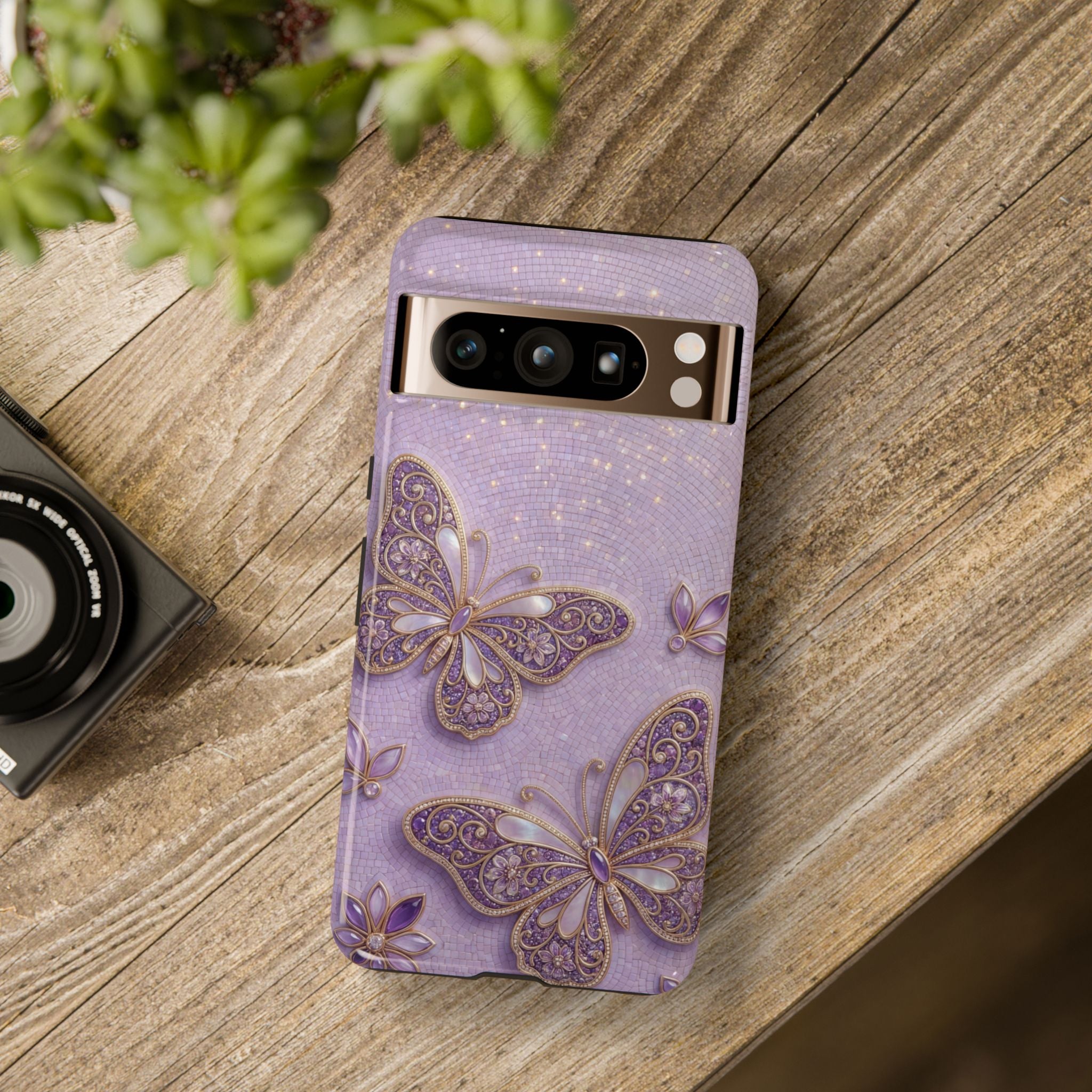 Purple Butterfly Tough Google Pixel Phone Case | Sparkling Floral Protective Cover