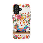 Autumn Floral Pilates MagSafe iPhone Case | Colorful Rainbow Pilates Cat on Falling Leaves