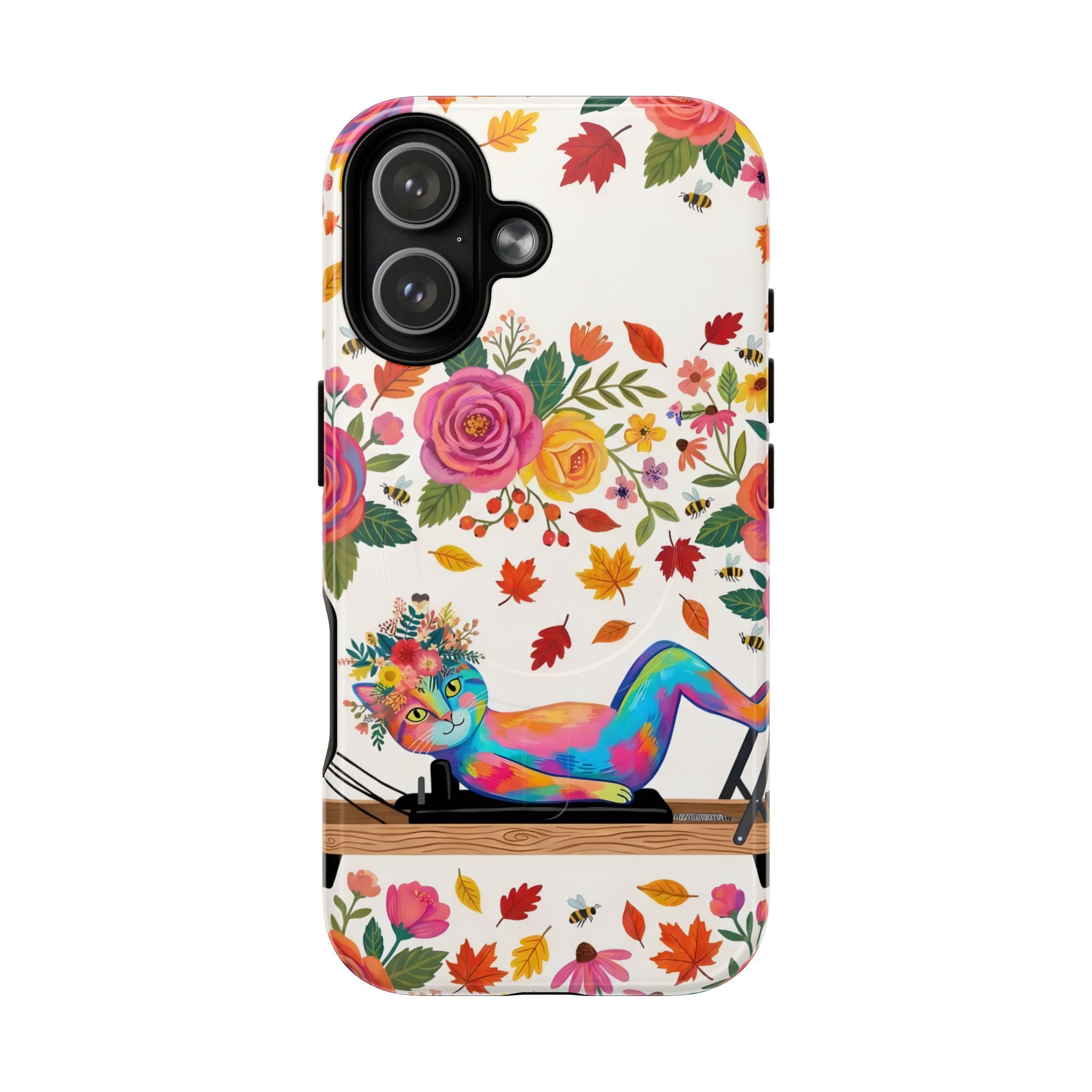 Autumn Floral Pilates MagSafe iPhone Case | Colorful Rainbow Pilates Cat on Falling Leaves