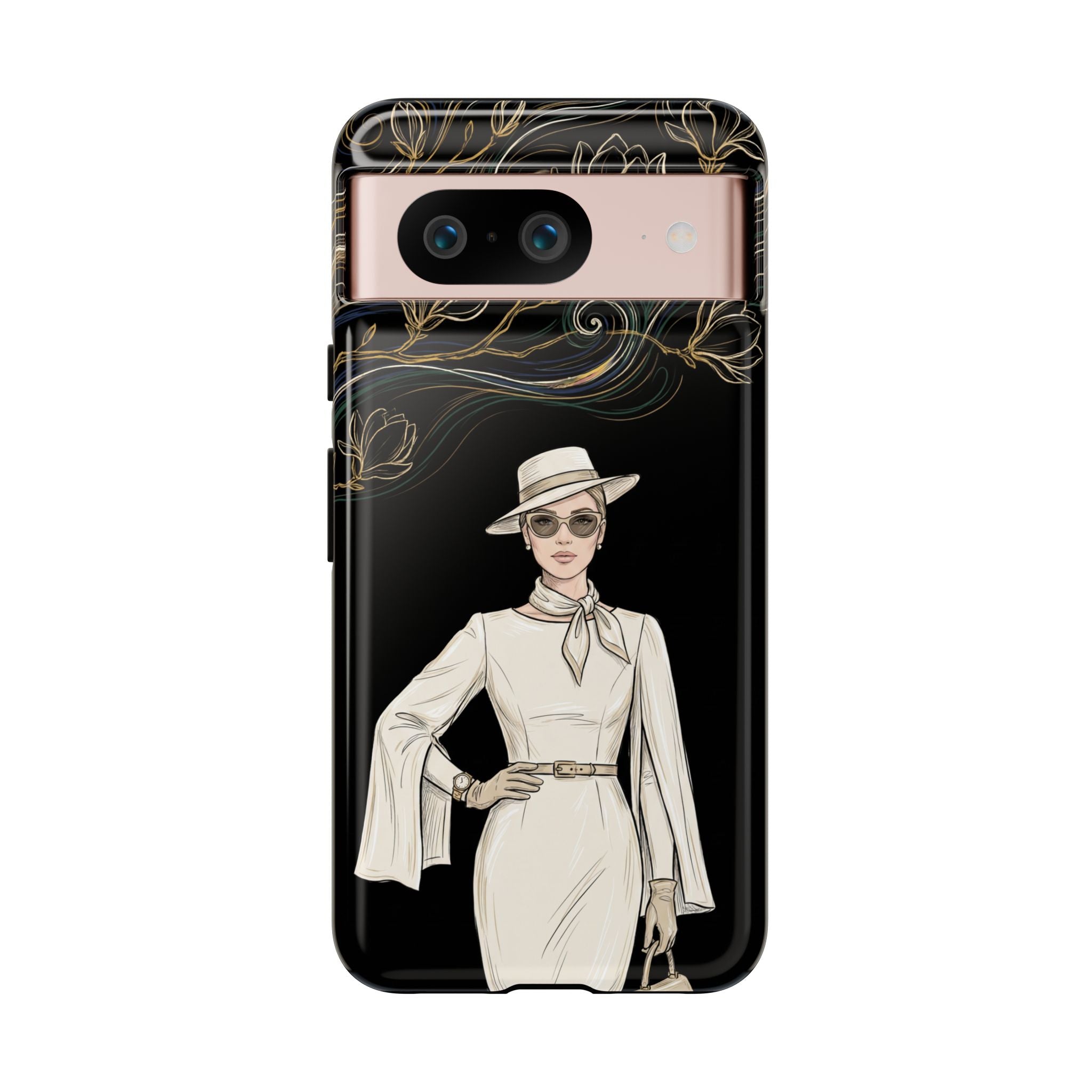 Google Pixel Phone Case | Elegant Vintage Lady with Gold Floral Swirls