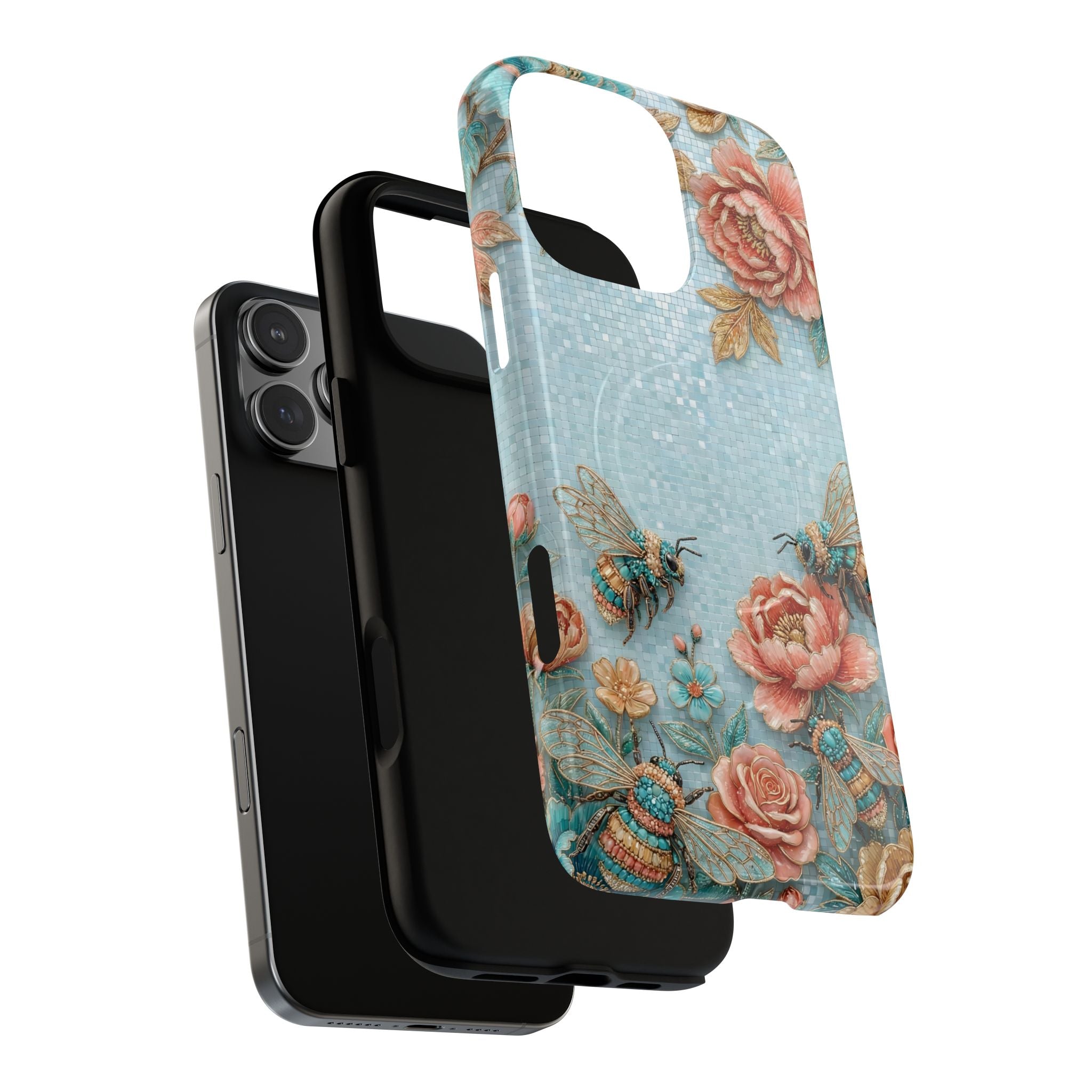 Floral Bees MagSafe iPhone Case | Vintage Rose & Turquoise Protective Cover
