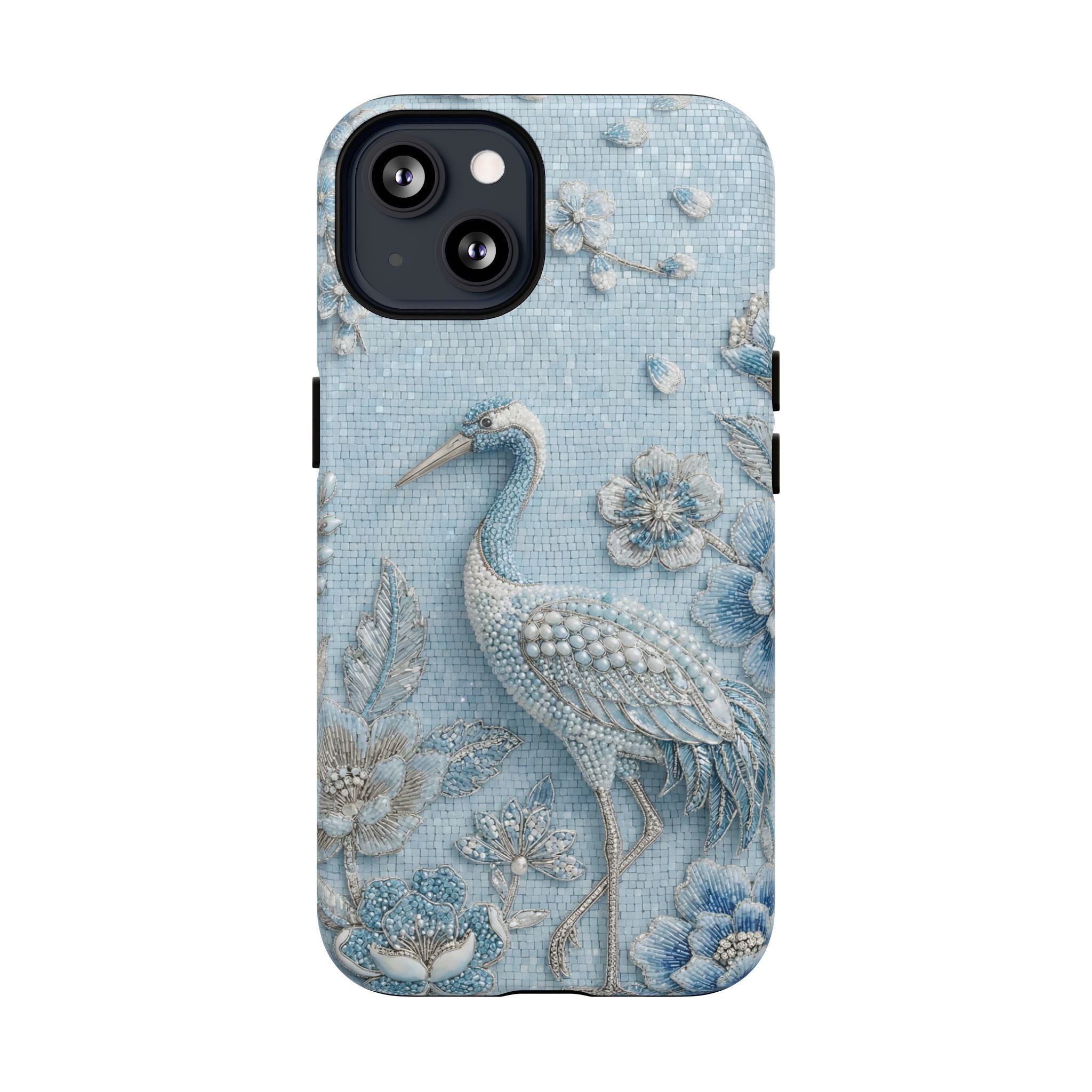 Blue Crane Floral MagSafe iPhone Case | Vintage Embossed Bird Design