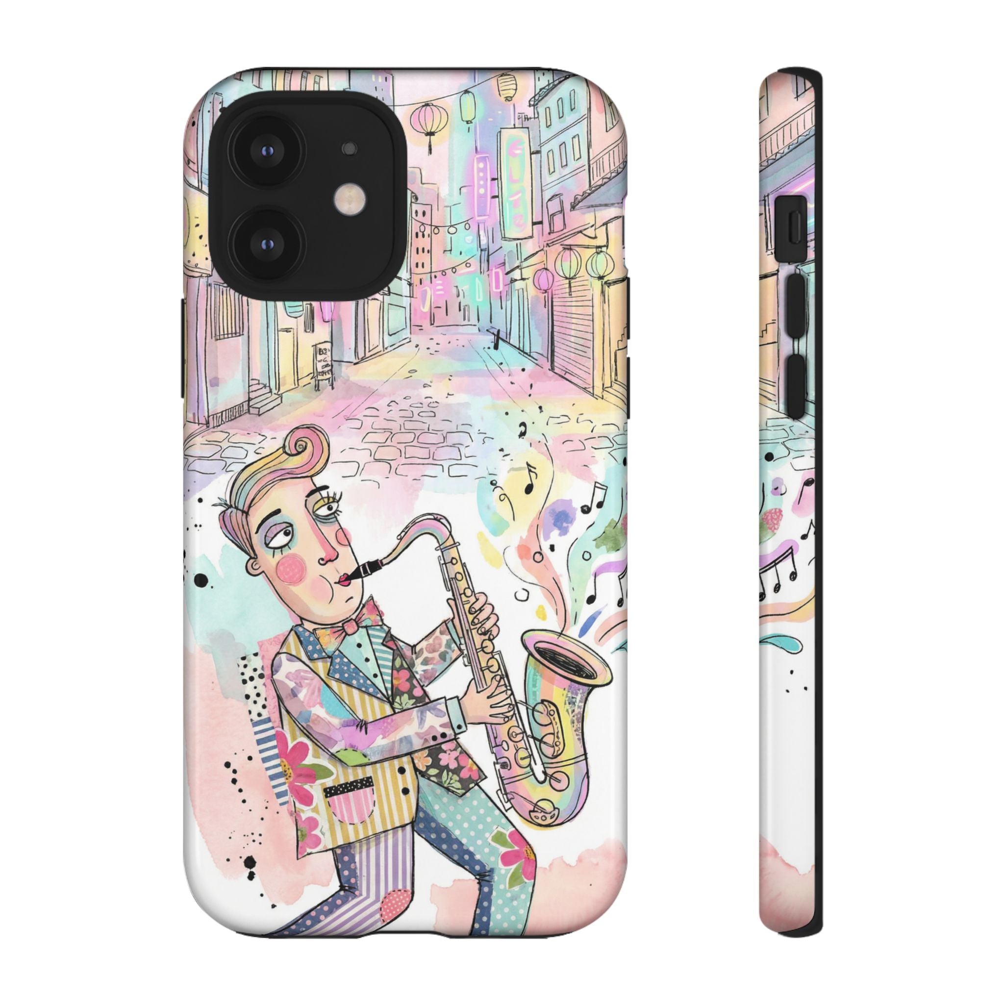 Sax Player Art iPhone Case | Pastel Jazz Street Illustration