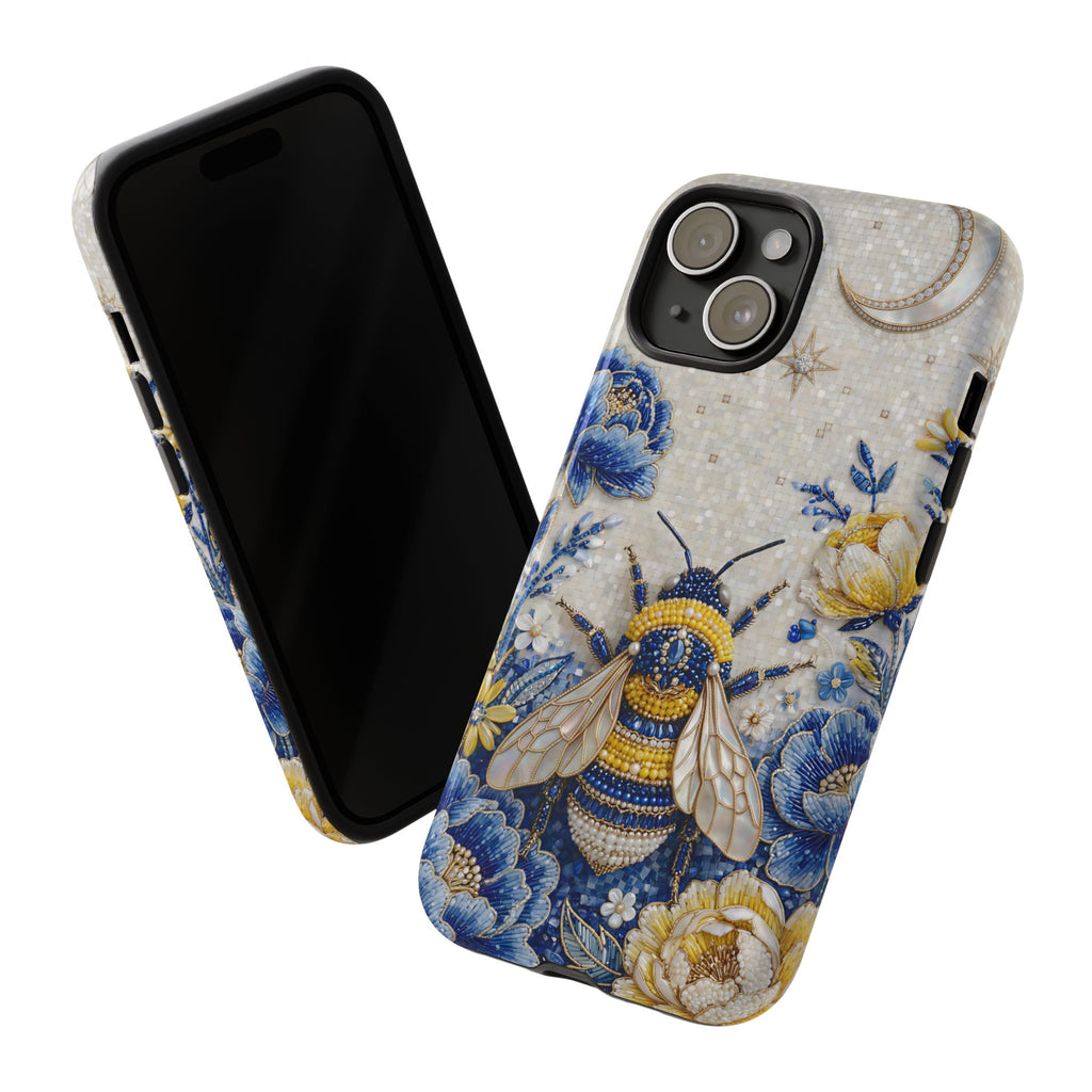 Floral Bee Tough iPhone Case | Blue & Yellow Moon Garden Design