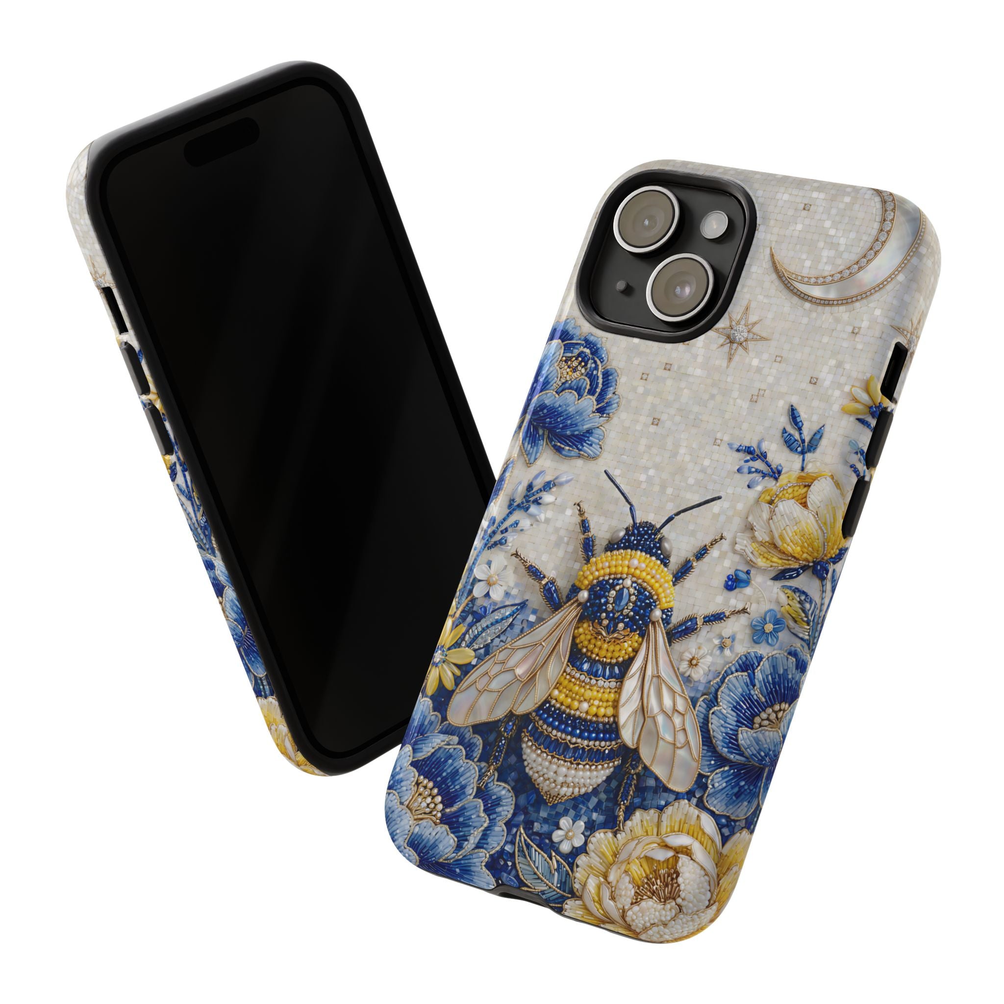 Floral Bee Tough iPhone Case | Blue & Yellow Moon Garden Design