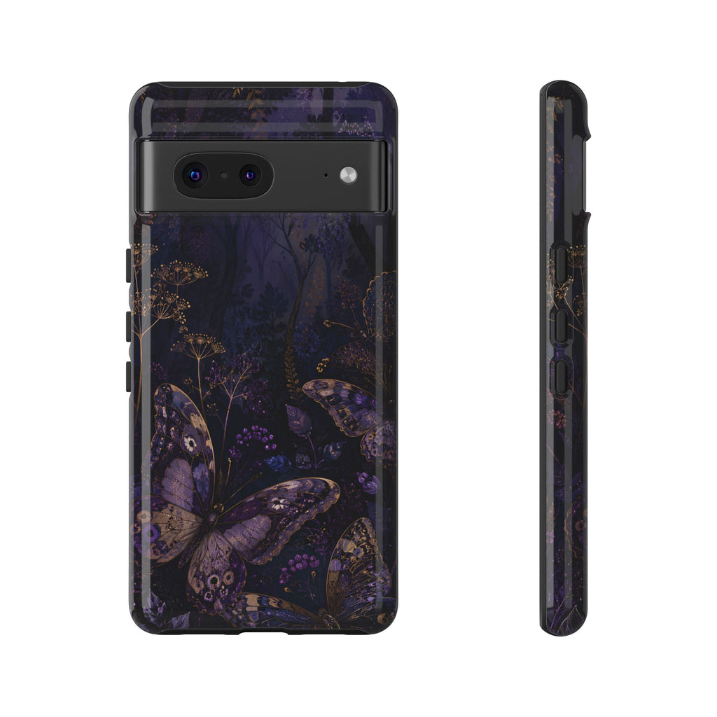 Purple Night Butterflies Google Pixel Phone Case | Moody Purple Floral Cover