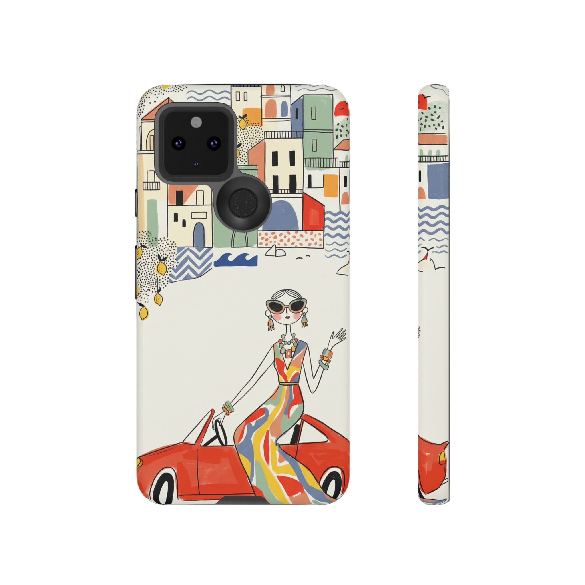 Stylish Riviera Google Pixel Phone Case | Chic Retro Woman in Convertible Design