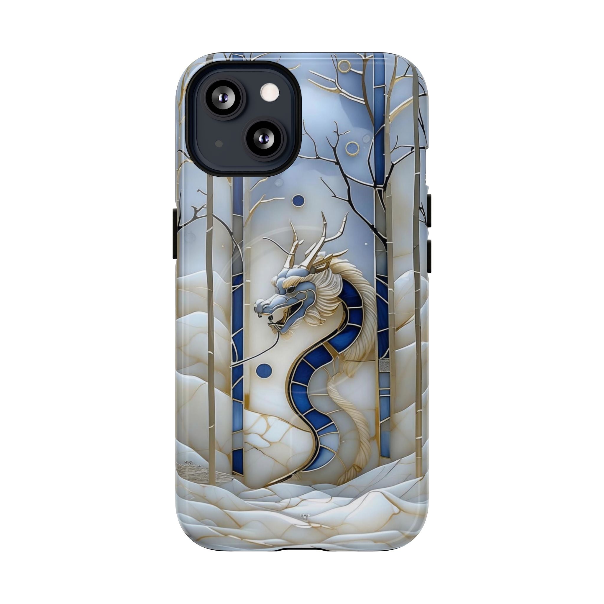 Dragon Stained Glass Tough MagSafe Phone Case — Blue & Ivory Medieval Art
