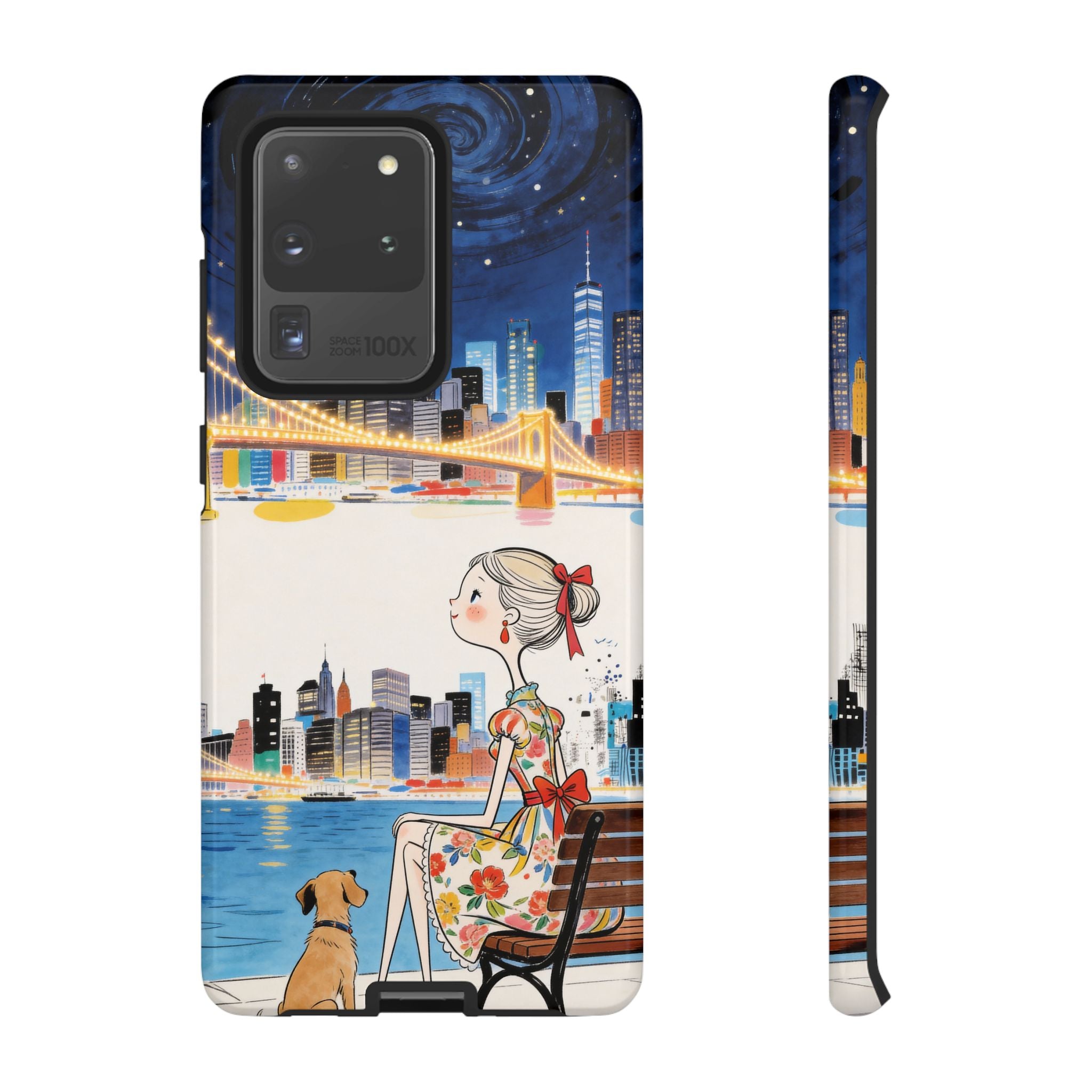 City Night Samsung Galaxy Phone Case | Cute Girl & Dog Bench Illustration