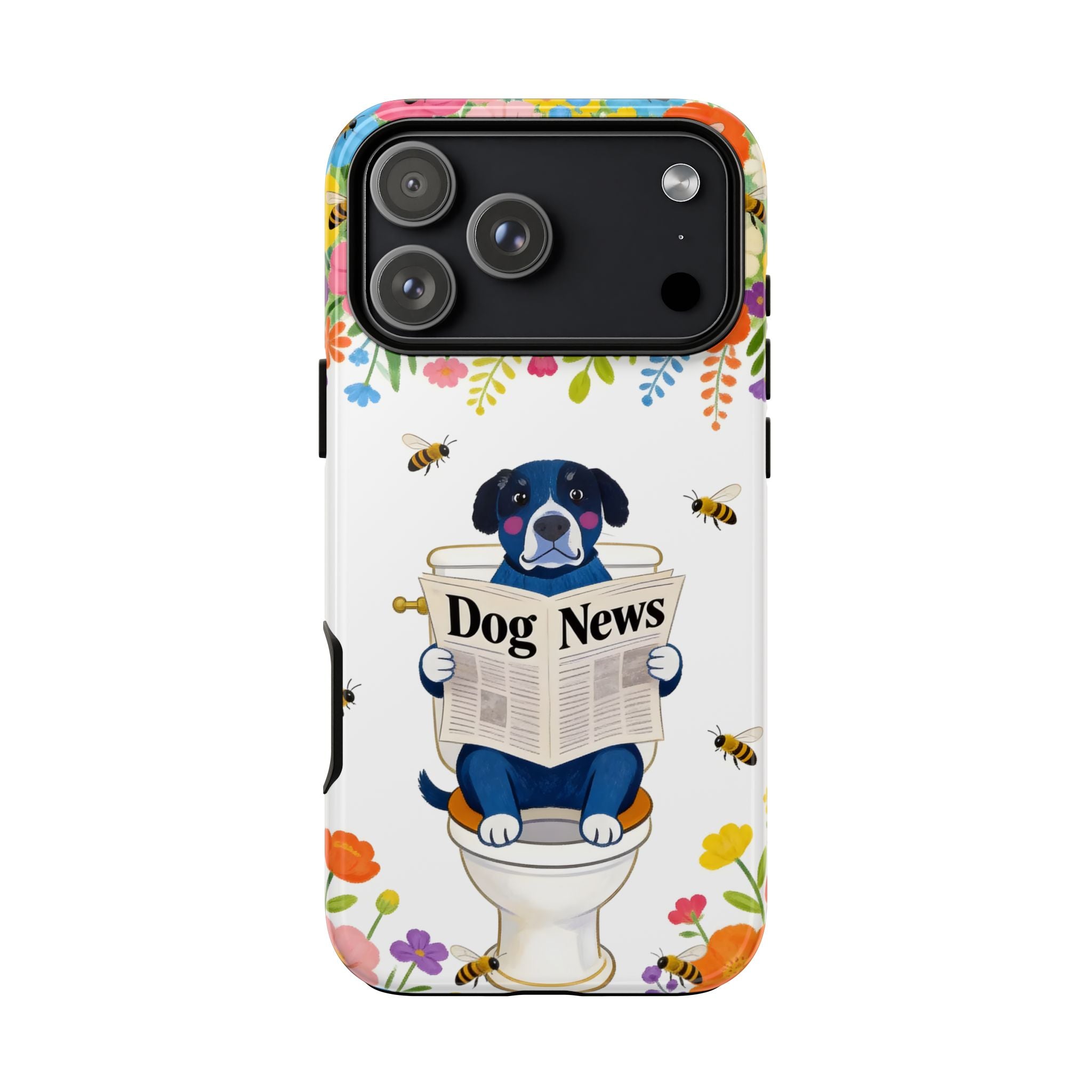 Dog News Floral iPhone Case | Cute Dog on Toilet Pattern, Spring Floral iPhone Cover