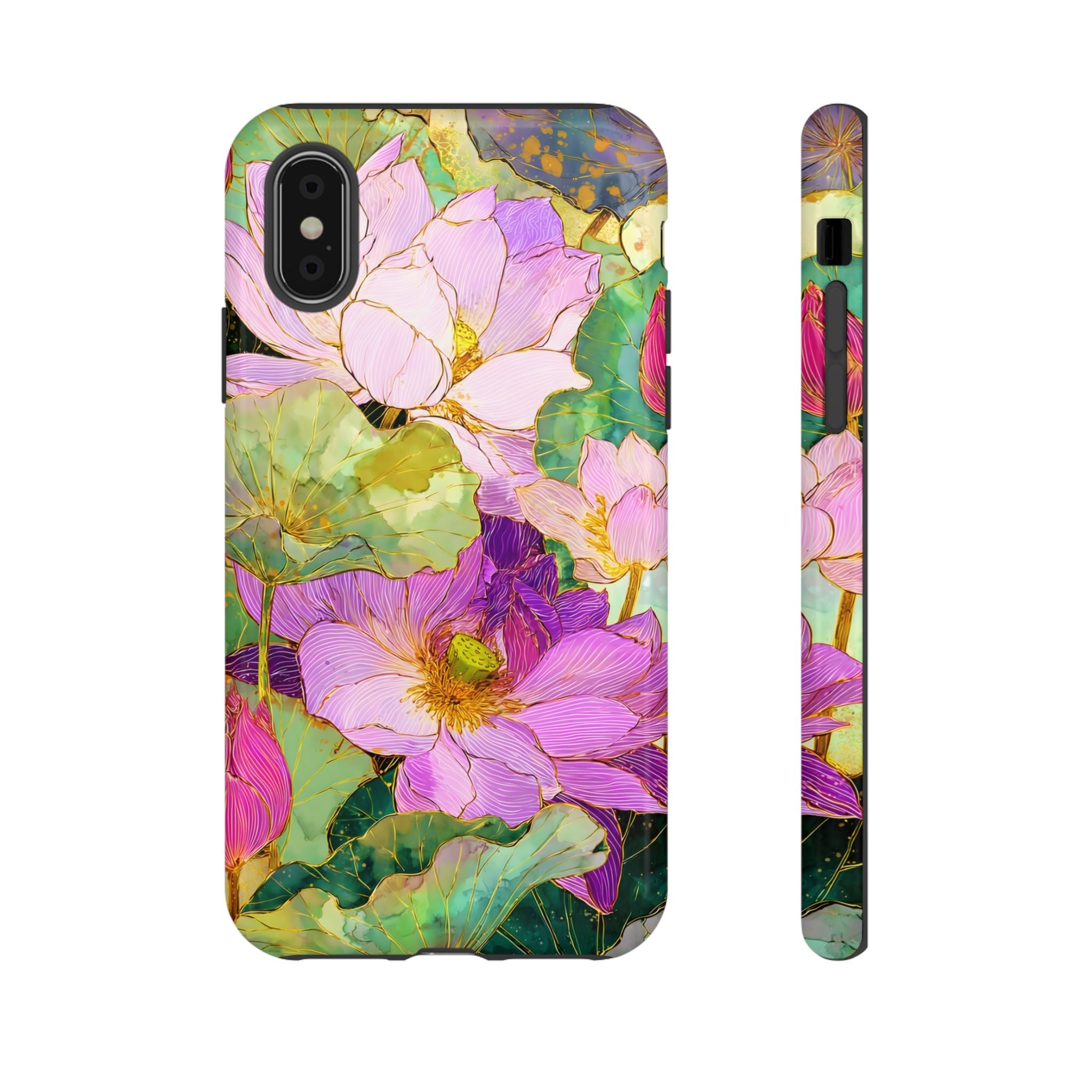 Floral Watercolor Tough iPhone Case | Pink Lotus Garden Protective Cover