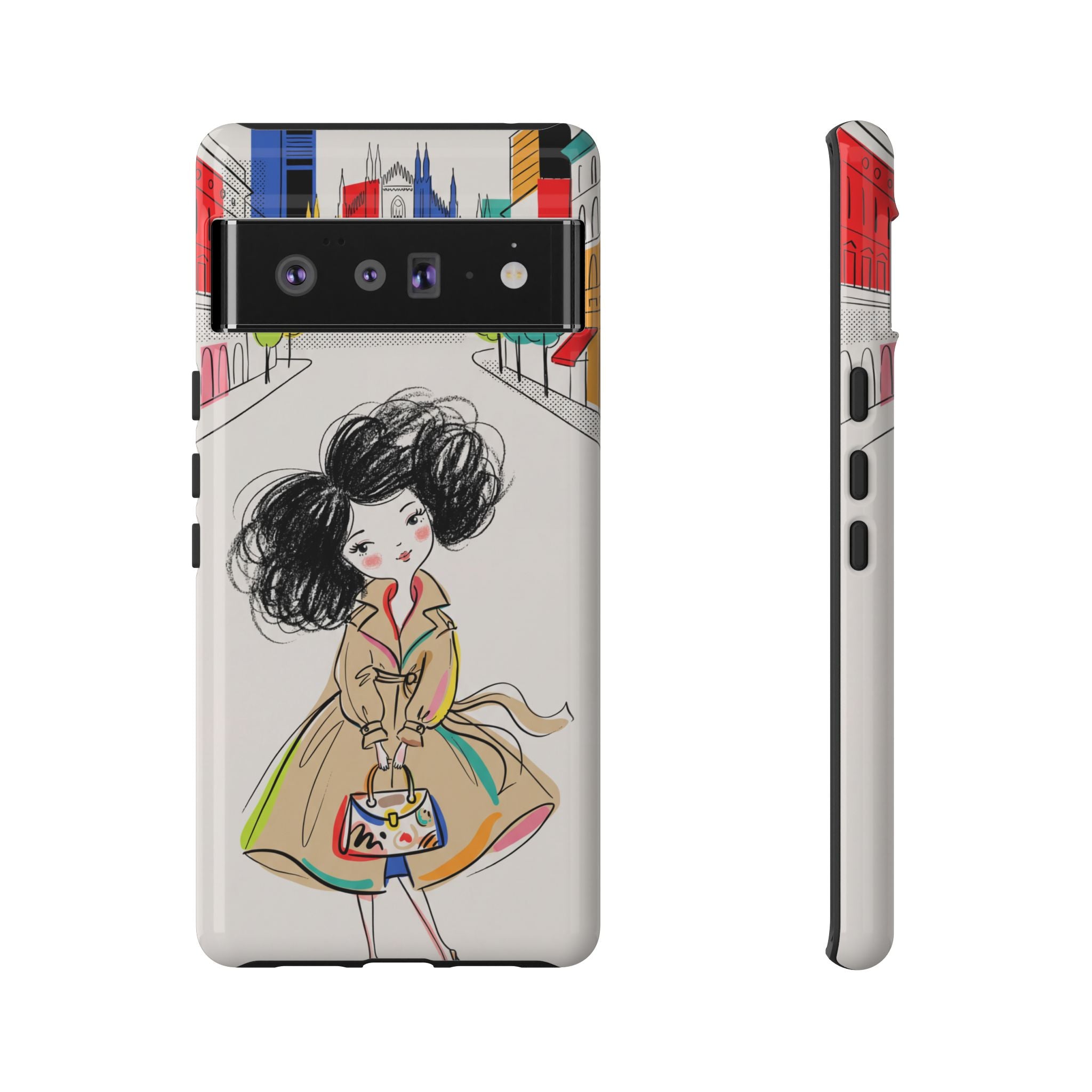 Illustrated Trench Coat Fashion Chic City Girl Google Pixel Phone Case