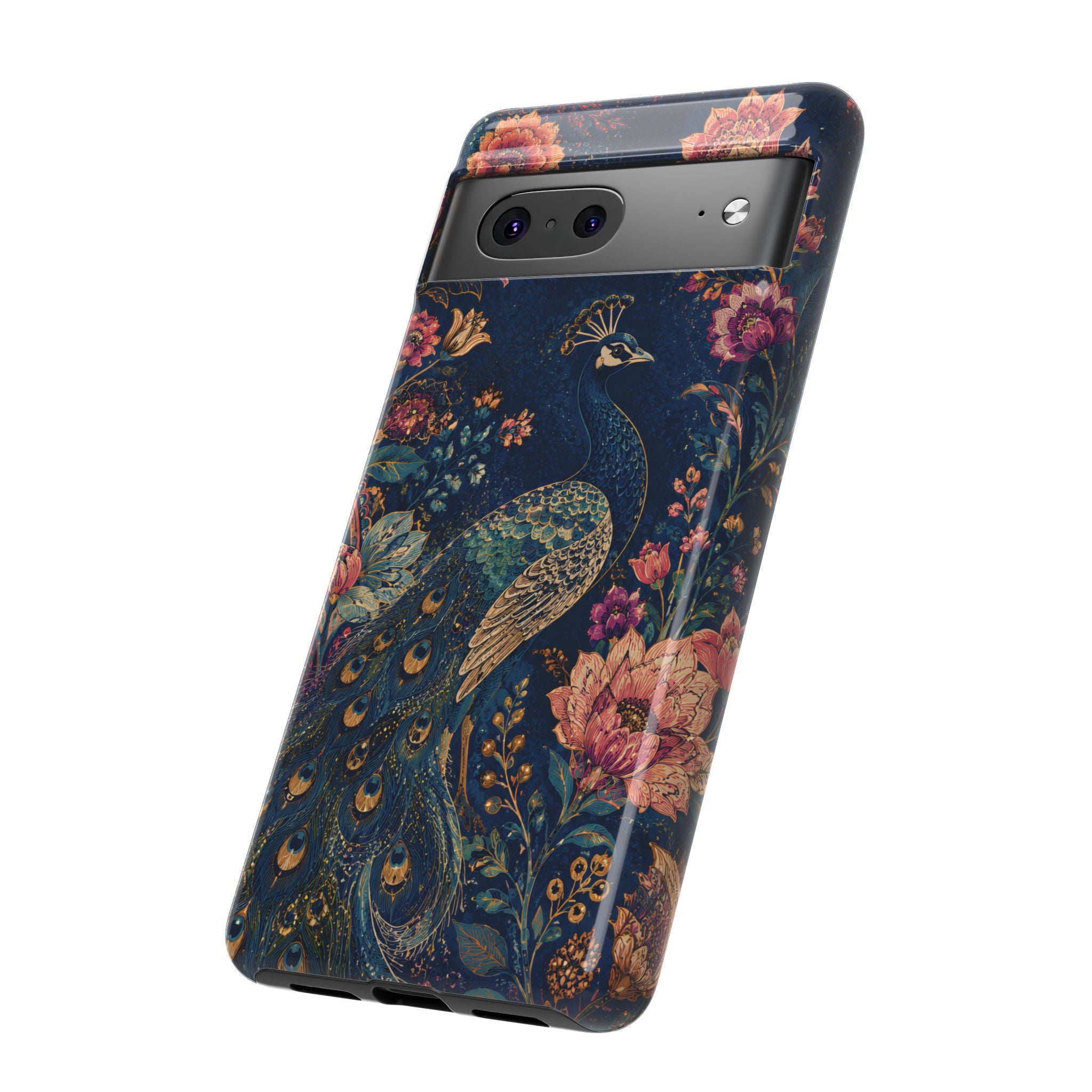Peacock Floral Tough Google Pixel Phone Case | Antique Indigo Gold Art Cover