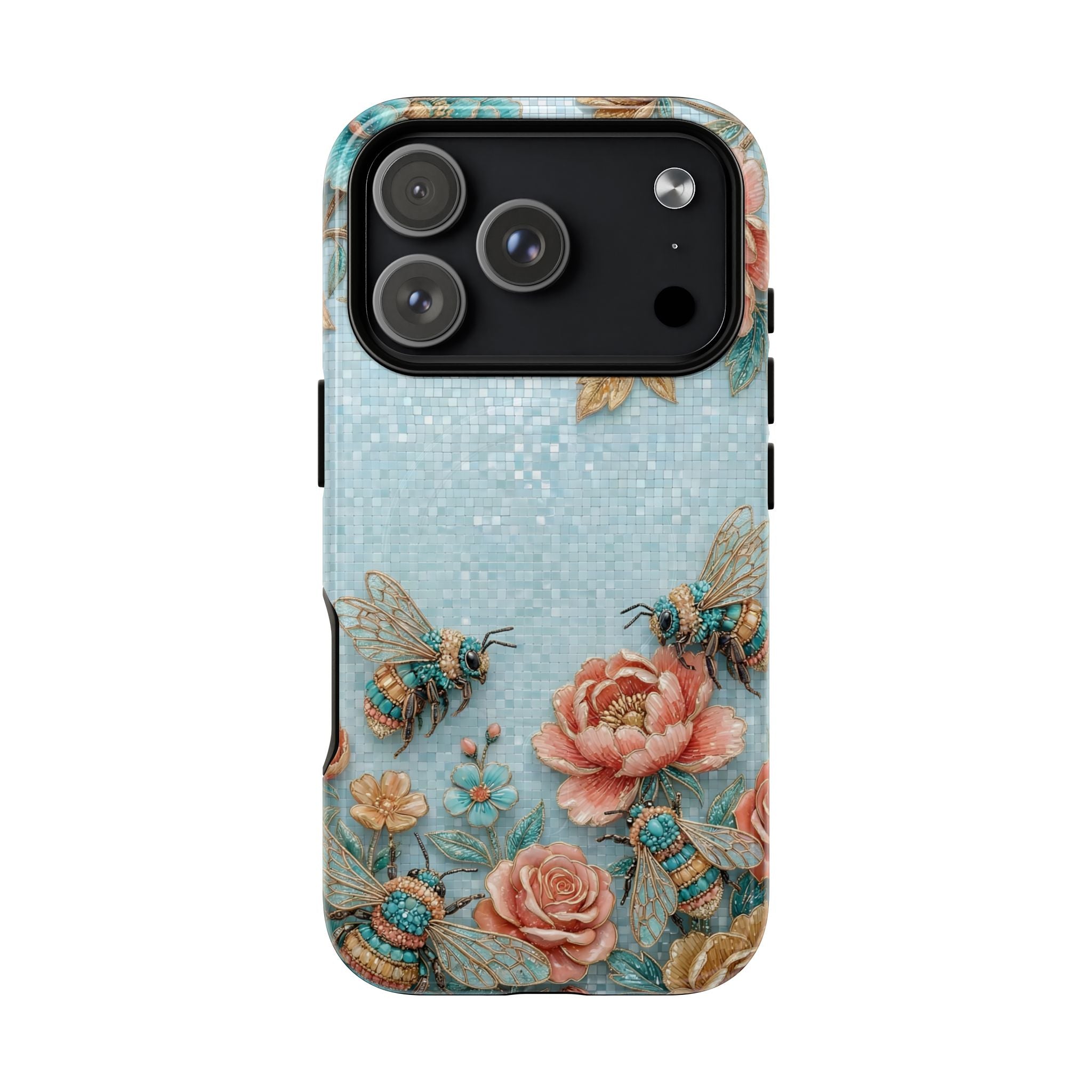 Floral Bees MagSafe iPhone Case | Vintage Rose & Turquoise Protective Cover