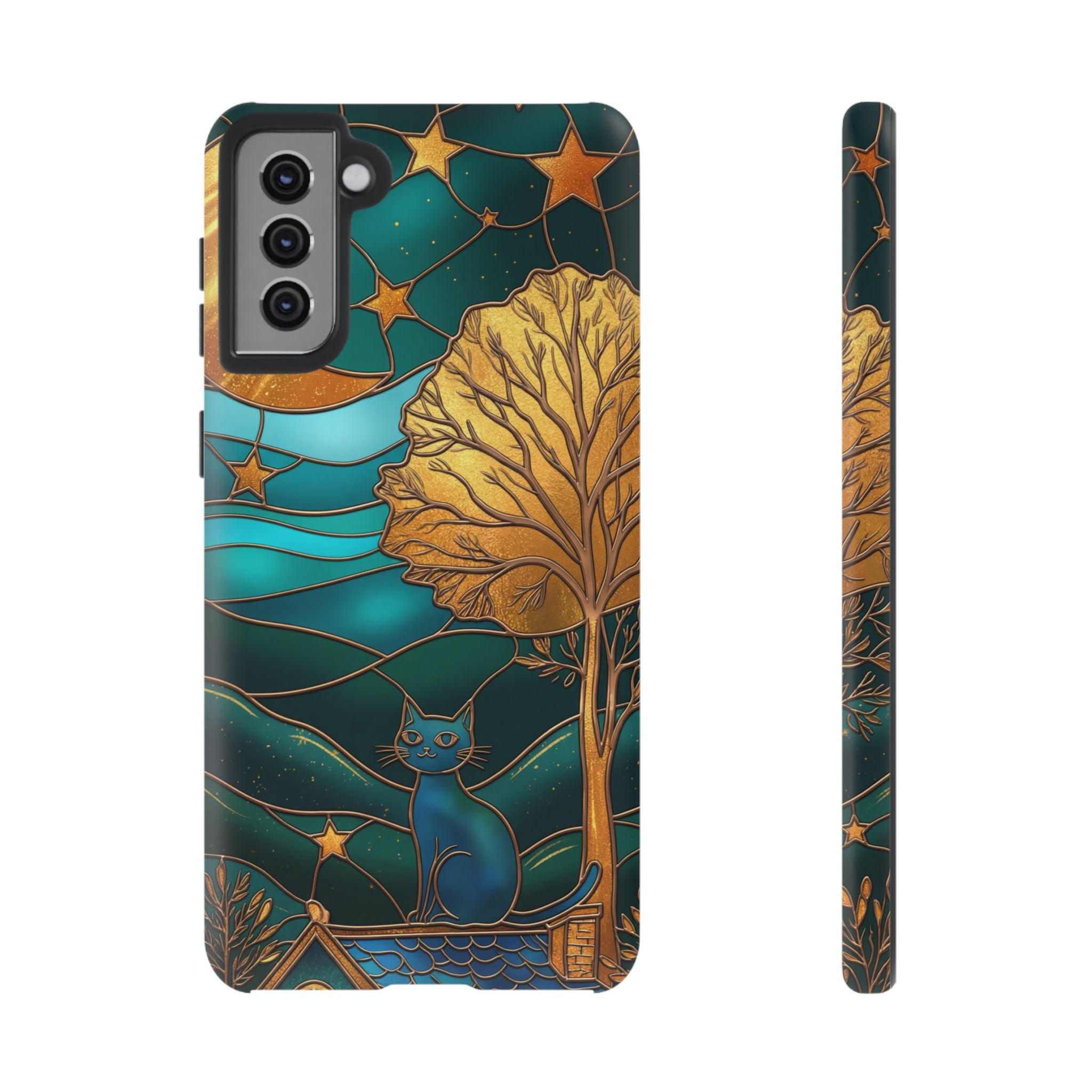Stained Glass Cat Tough Samsung Galaxy Case | Gold Tree & Starry Night Design