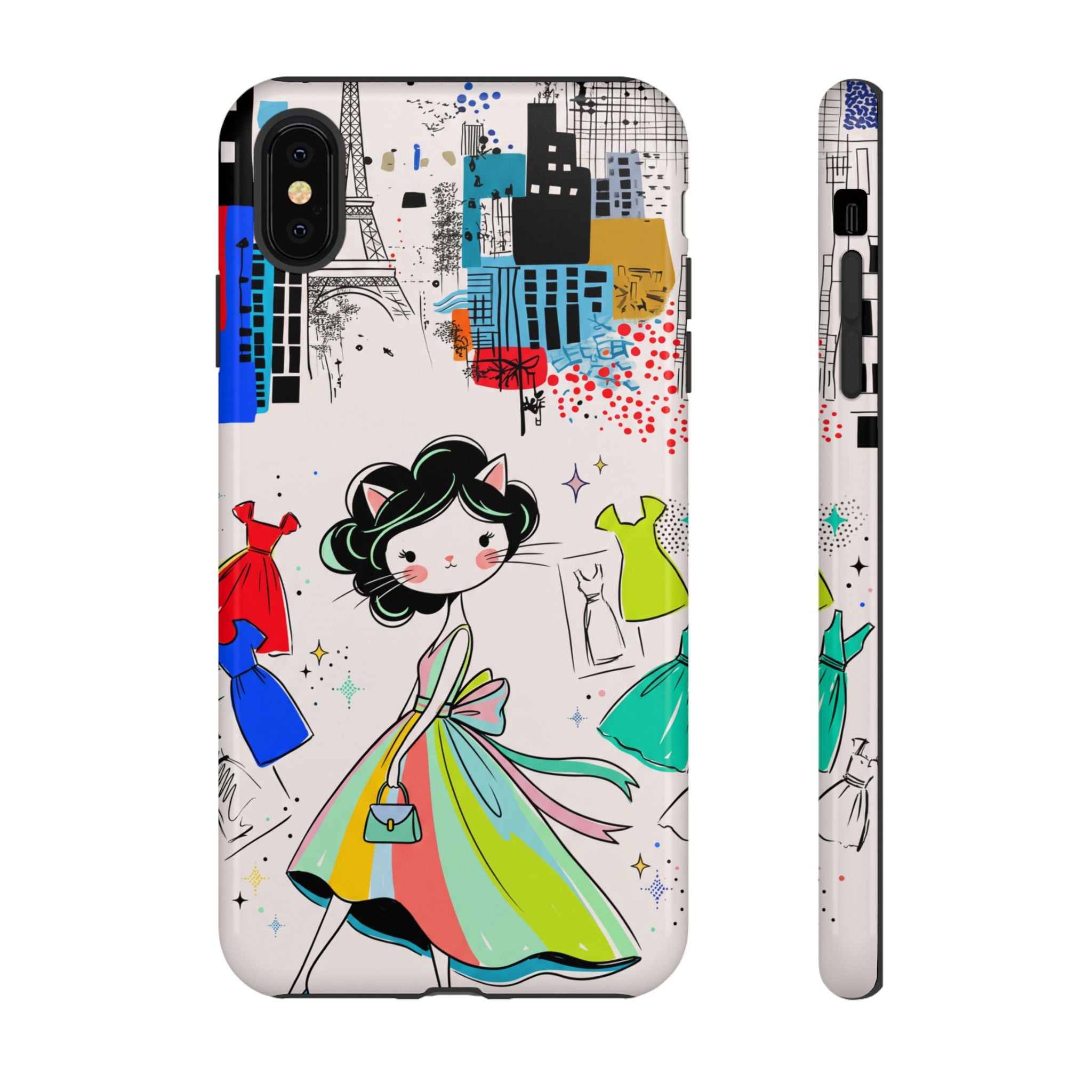 Retro Fashion Cat Girl iPhone Case | Cute Dress & City Print