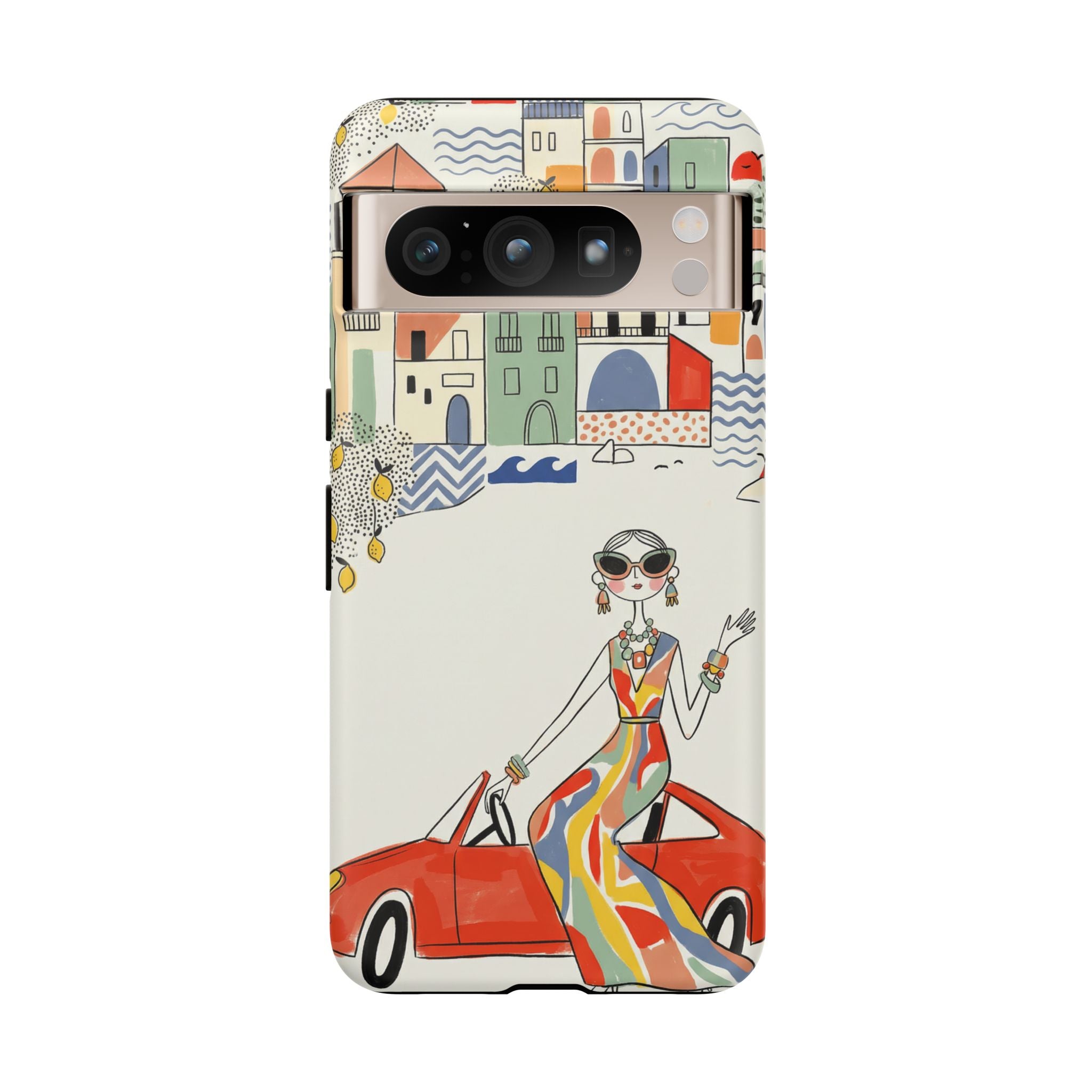 Stylish Riviera Google Pixel Phone Case | Chic Retro Woman in Convertible Design