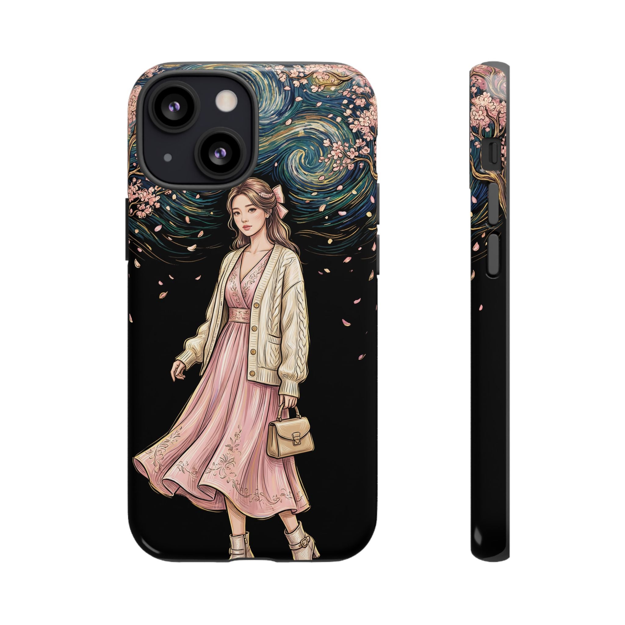 Floral Starry Night iPhone Case | Elegant Girl in Pink Dress