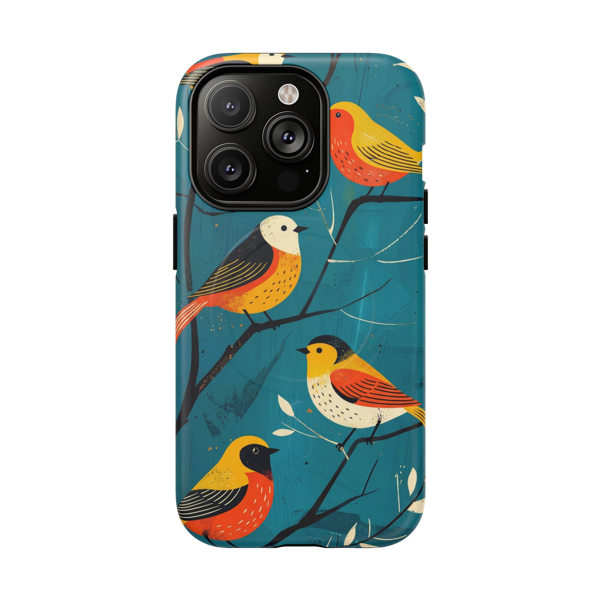 Bird Pattern Tough MagSafe iPhone Case | Colourful Songbirds on Teal Background
