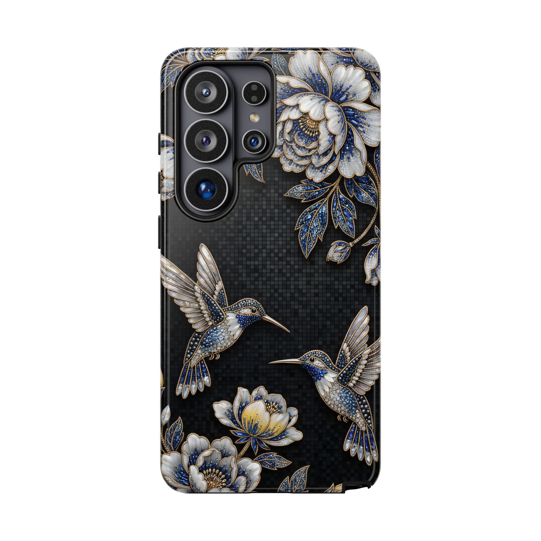Hummingbird & Peony Floral Samsung Galaxy Phone Case | Elegant Black Protective Cover