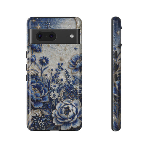 Blue Floral Moon Google Pixel Phone Case | Vintage Botanical Night Sky Protective Case
