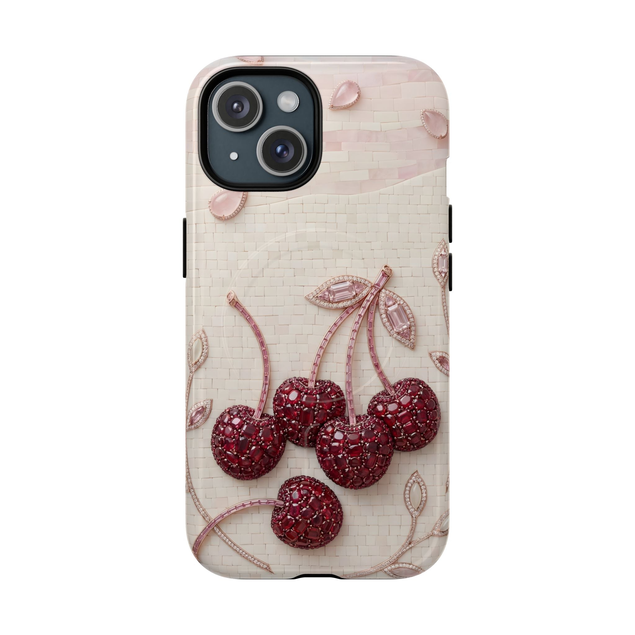 Cherry Embroidery MagSafe iPhone Case | Glitter Red Cherries Pattern