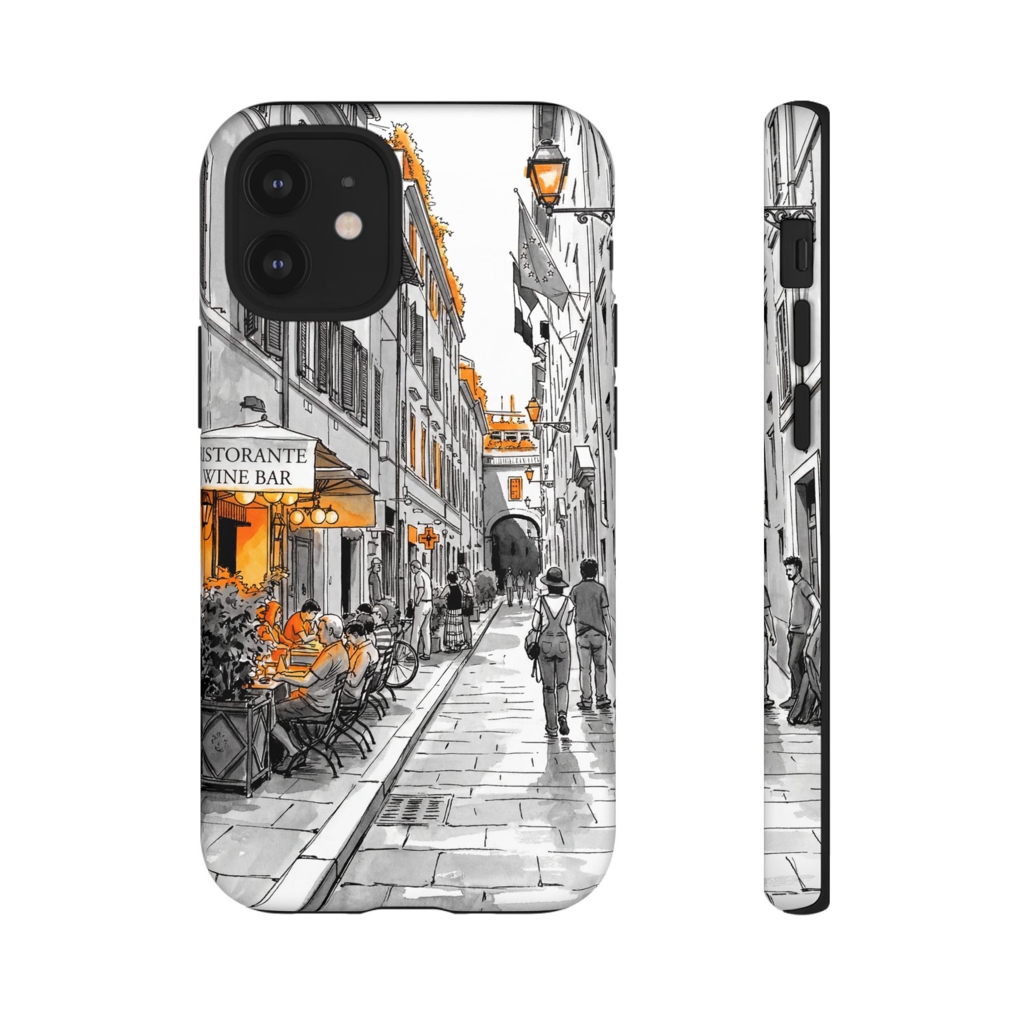 Vintage Italy Street iPhone Case | Black & White Sketch with Orange Accent