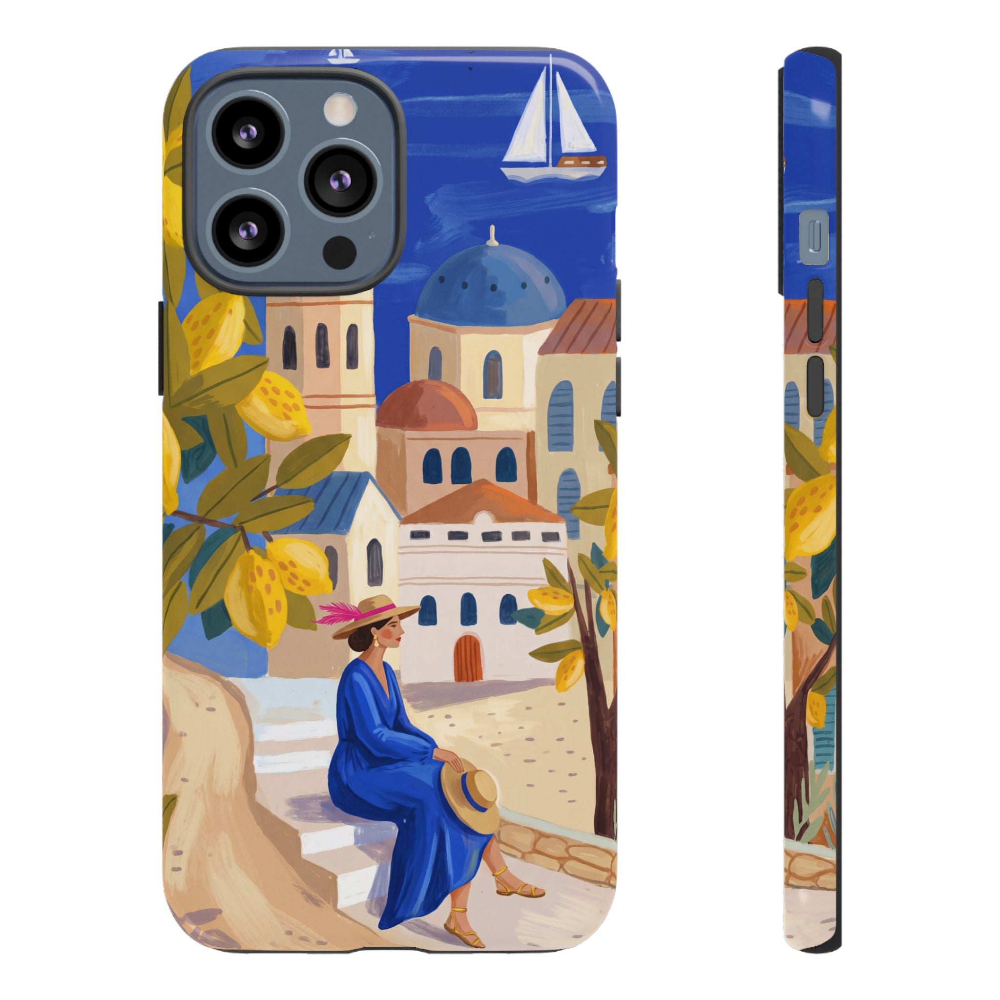 Mediterranean Village iPhone Case | Scenic Sailboat & Lemon Grove Design