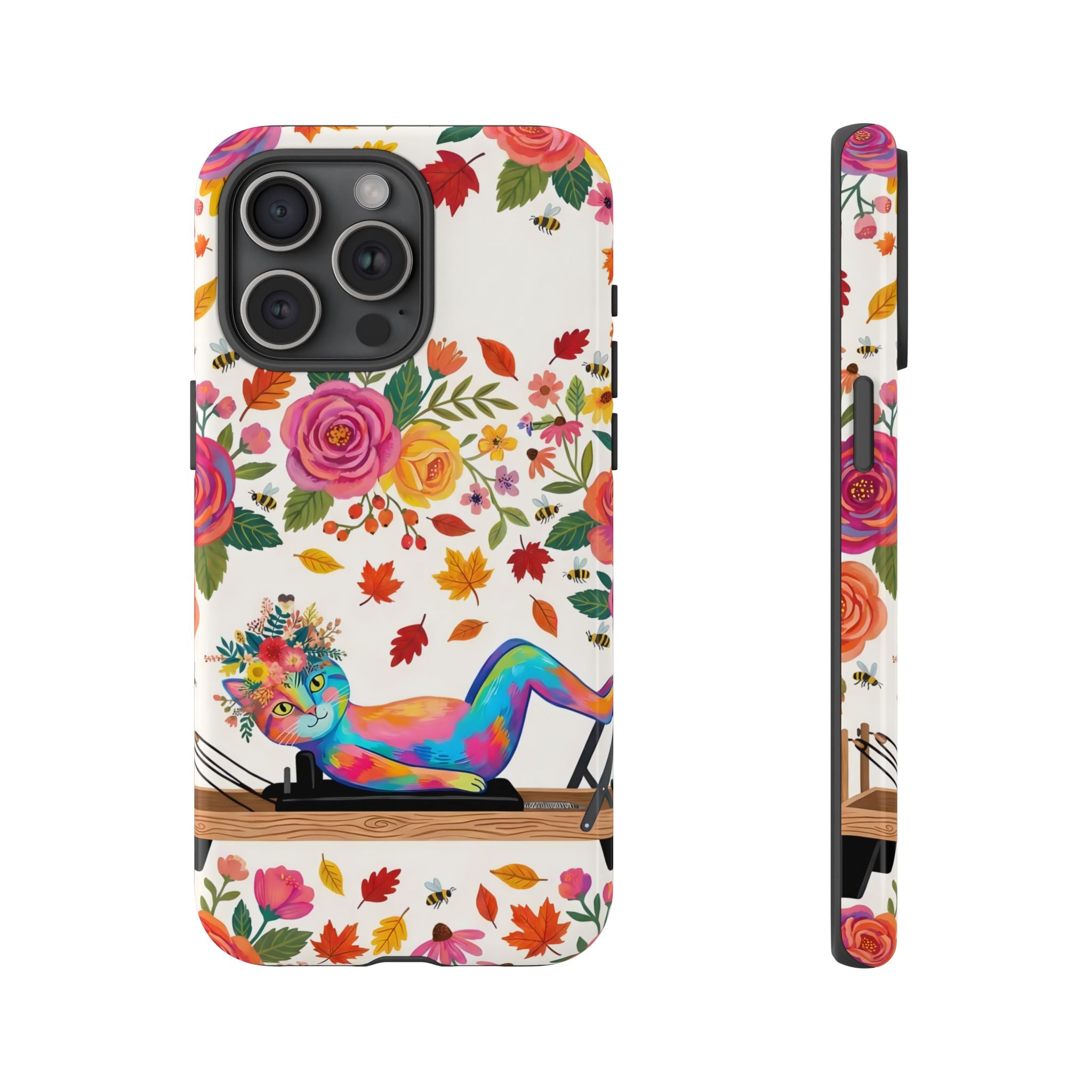 Autumn Floral Pilates iPhone Case | Colorful Rainbow Pilates Cat on Falling Leaves