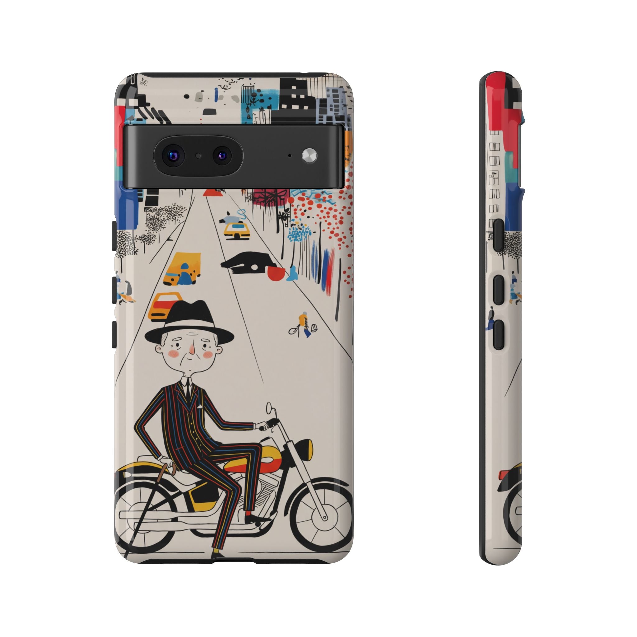 Vintage Grandpa Rider Motorcycle Google Pixel Phone Case | Illustrated Cityscape