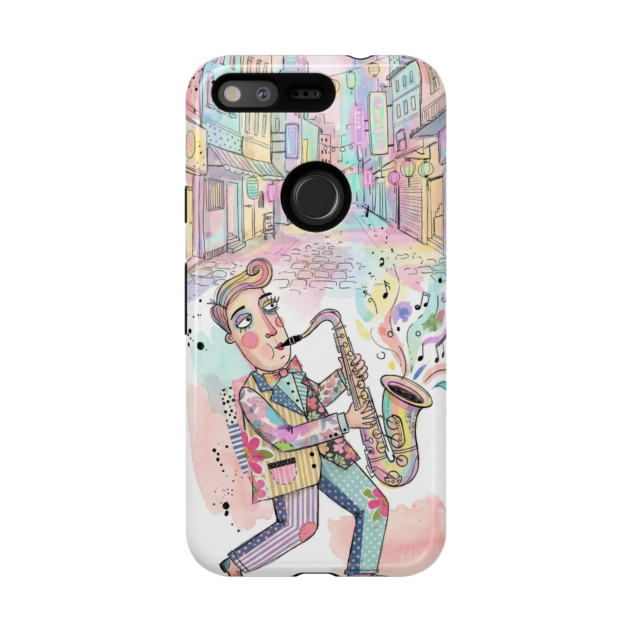 Custodia per telefono Google Pixel "Sax Player Art" | Illustrazione Jazz Stradale Pastello