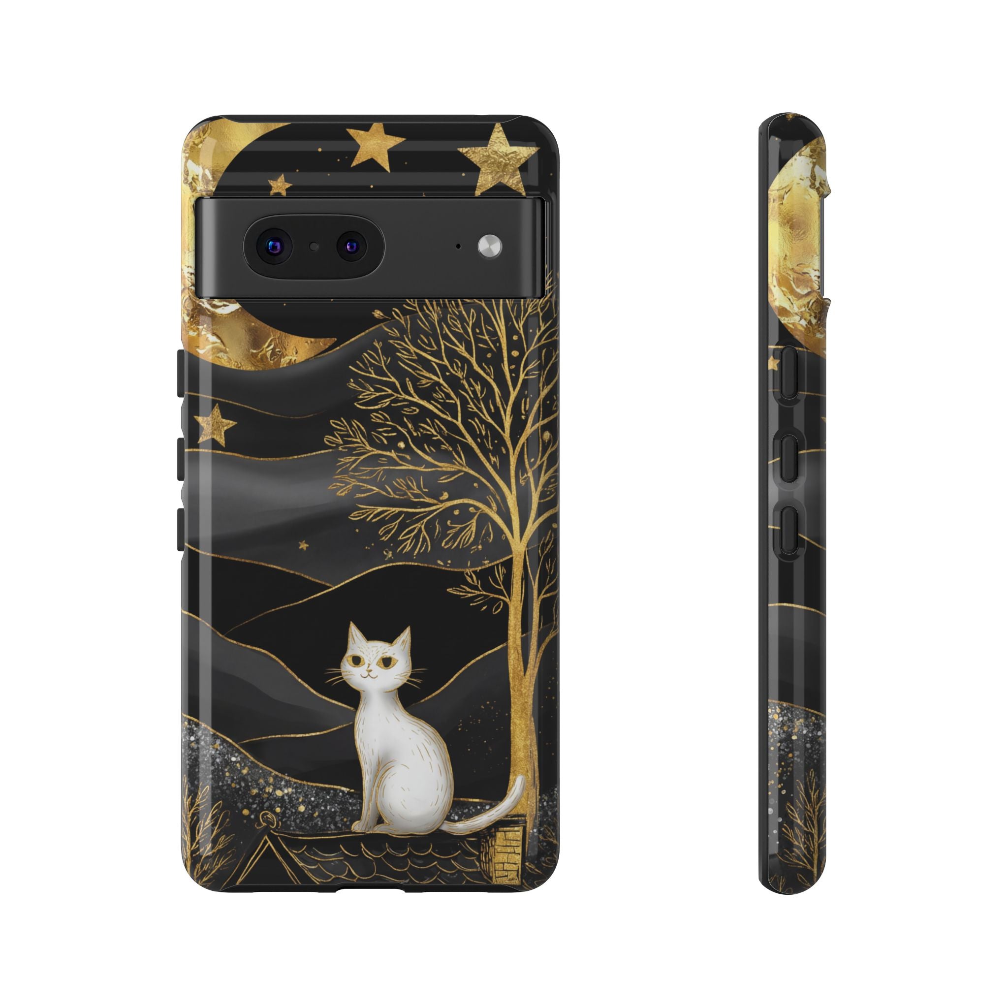 Mystic Night Cat Google Pixel Case | Gold Tree & Stars Tough Case