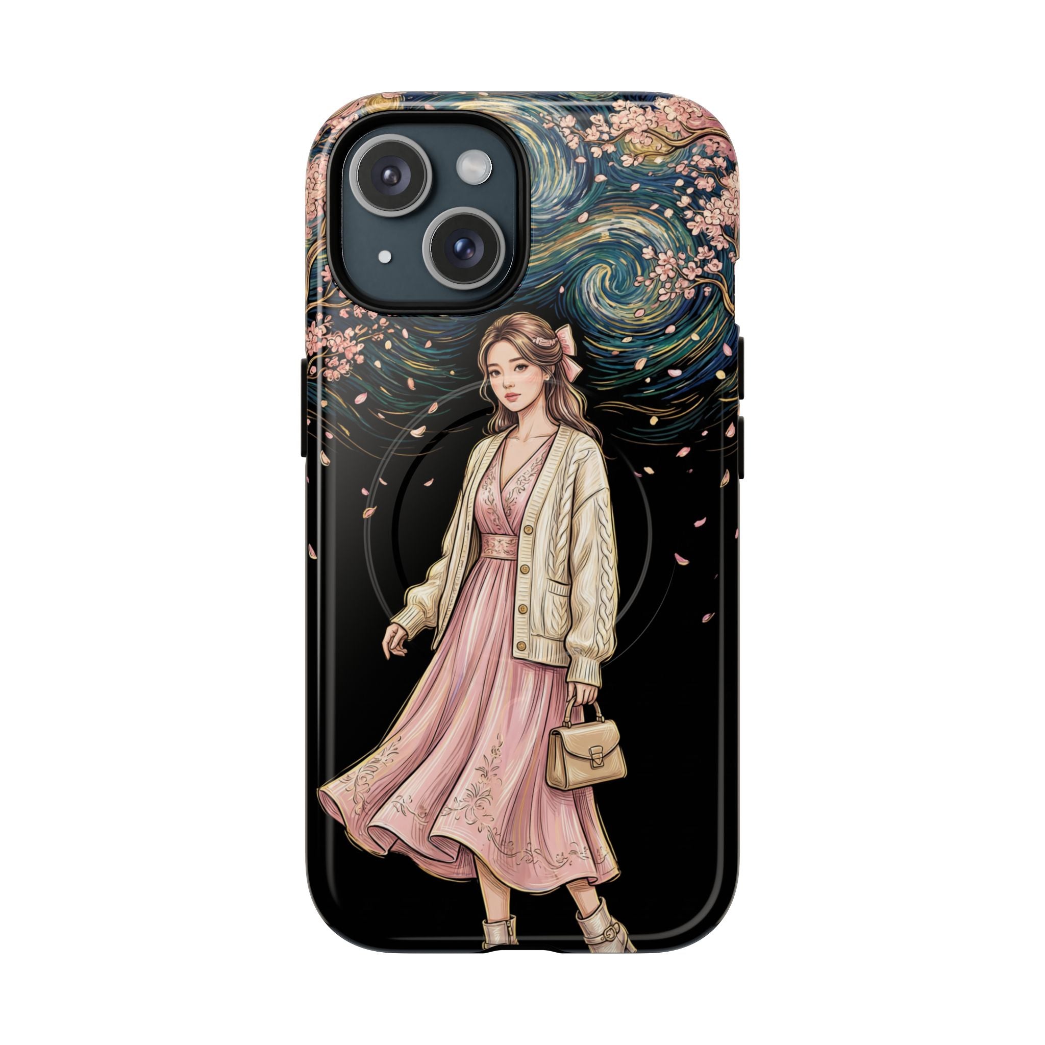 Floral Starry Night MagSafe iPhone Case | Elegant Girl in Pink Dress