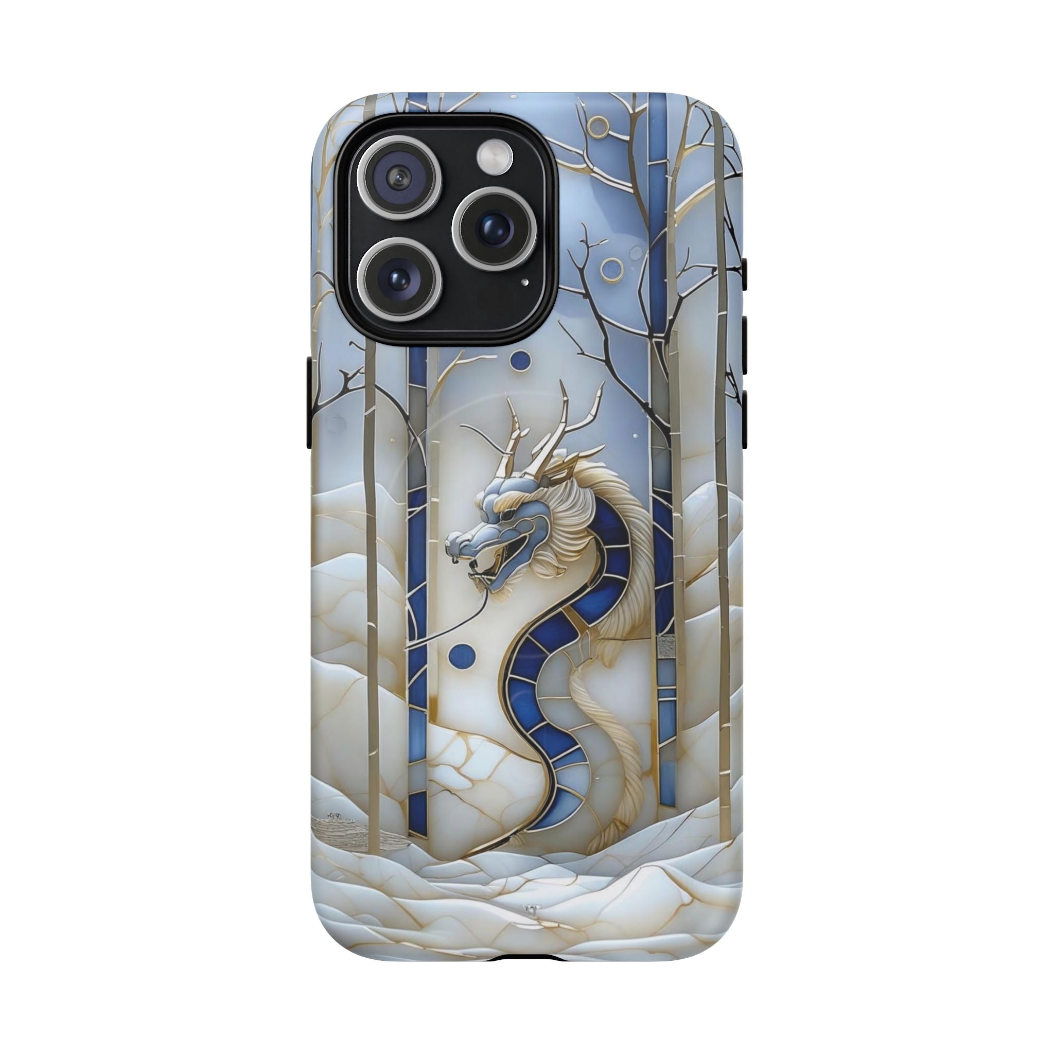 Dragon Stained Glass Tough MagSafe Phone Case — Blue & Ivory Medieval Art