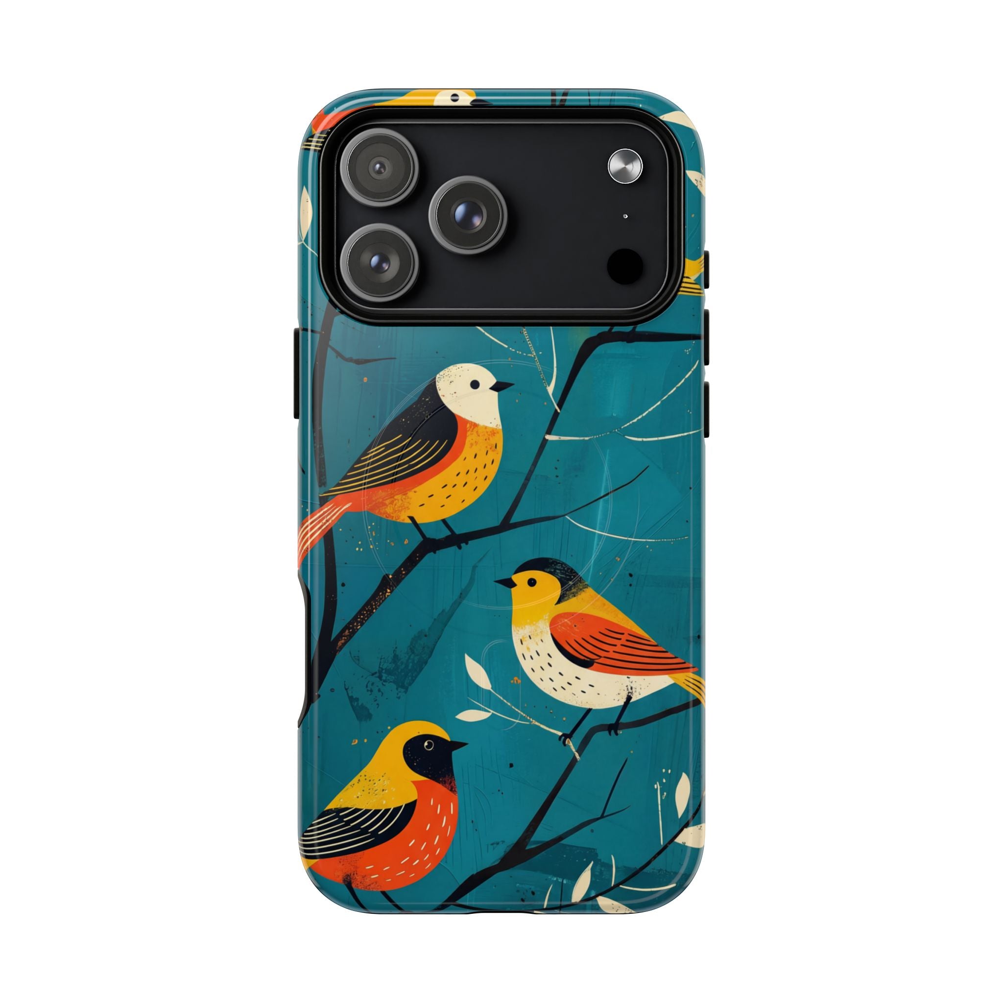 Bird Pattern Tough MagSafe iPhone Case | Colourful Songbirds on Teal Background