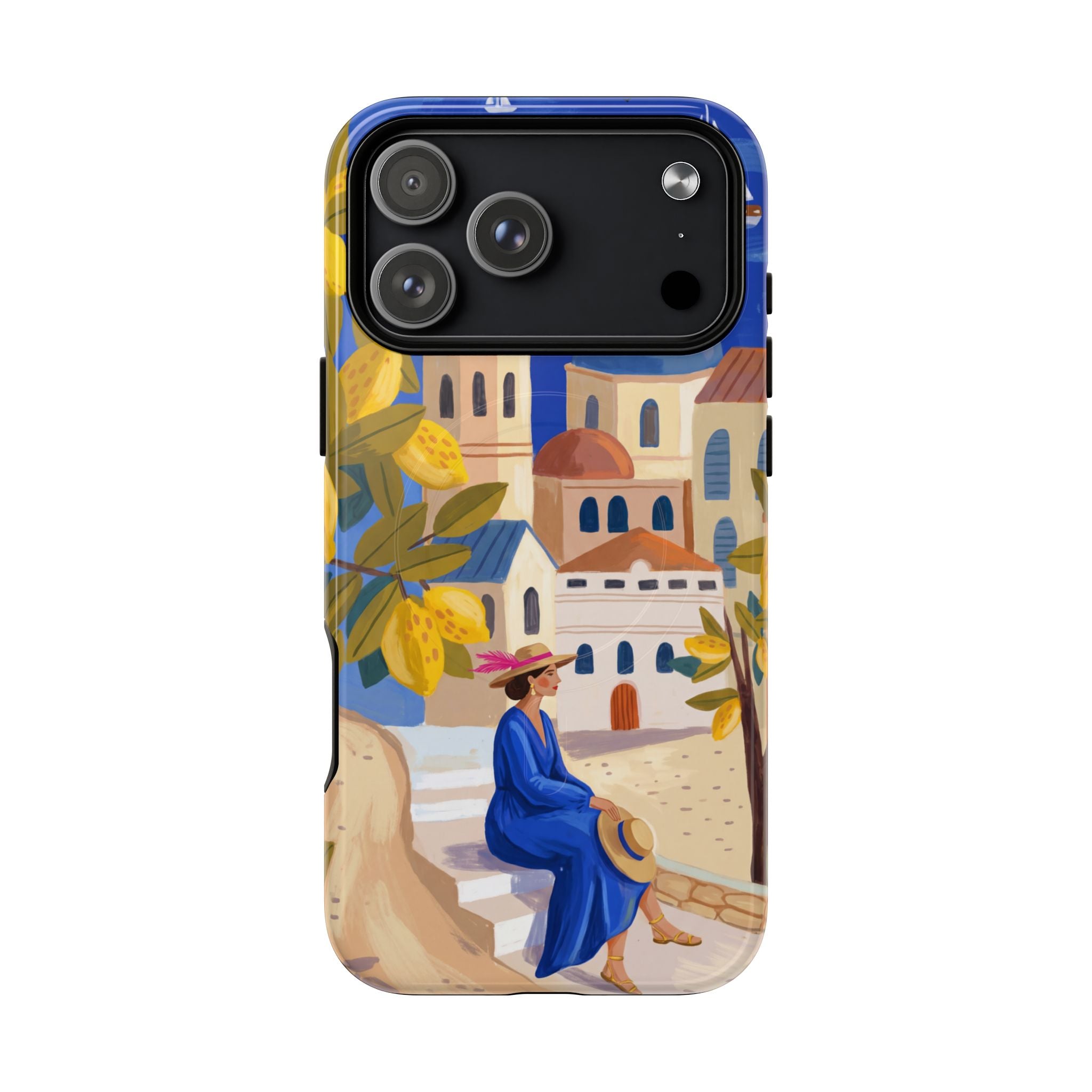 Mediterranean Village MagSafe iPhone Case | Scenic Sailboat & Lemon Grove Design