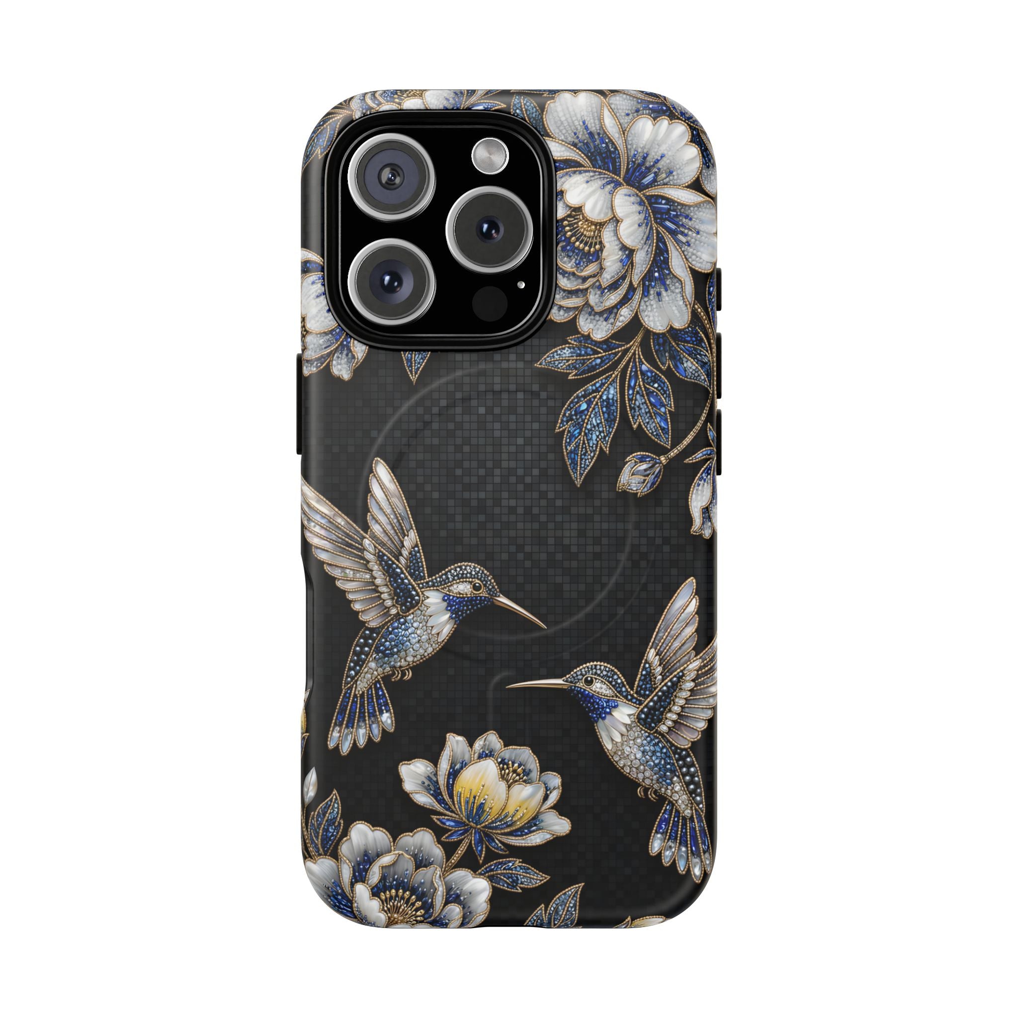Hummingbird & Peony Floral MagSafe iPhone Case | Elegant Black Protective Cover