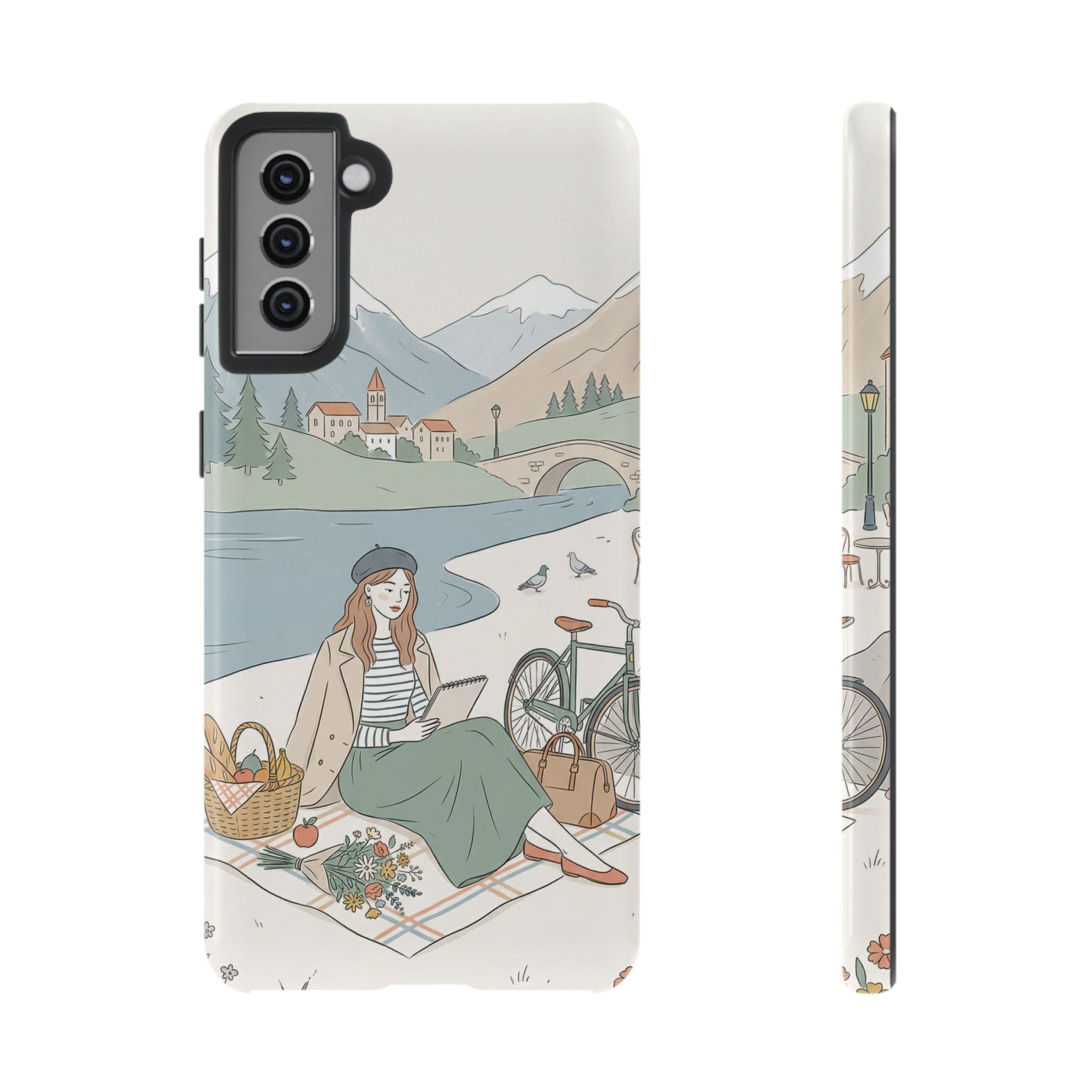 Scenic Picnic Samsung Galaxy Phone Case | Vintage Bicycle & Mountain Illustration