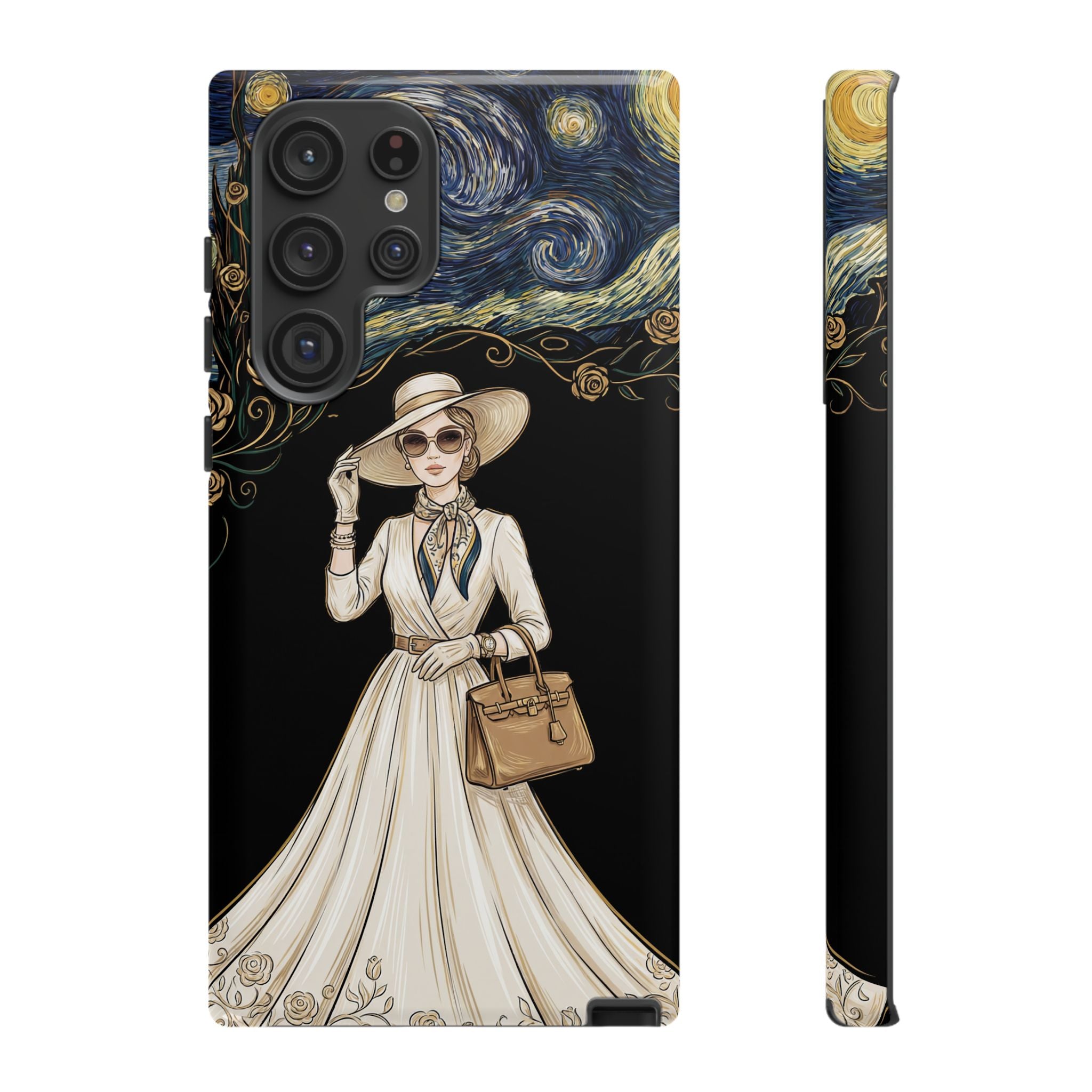 Vintage Starry Night Fashion Samsung Galaxy Phone Case | Elegant Lady in White Dress